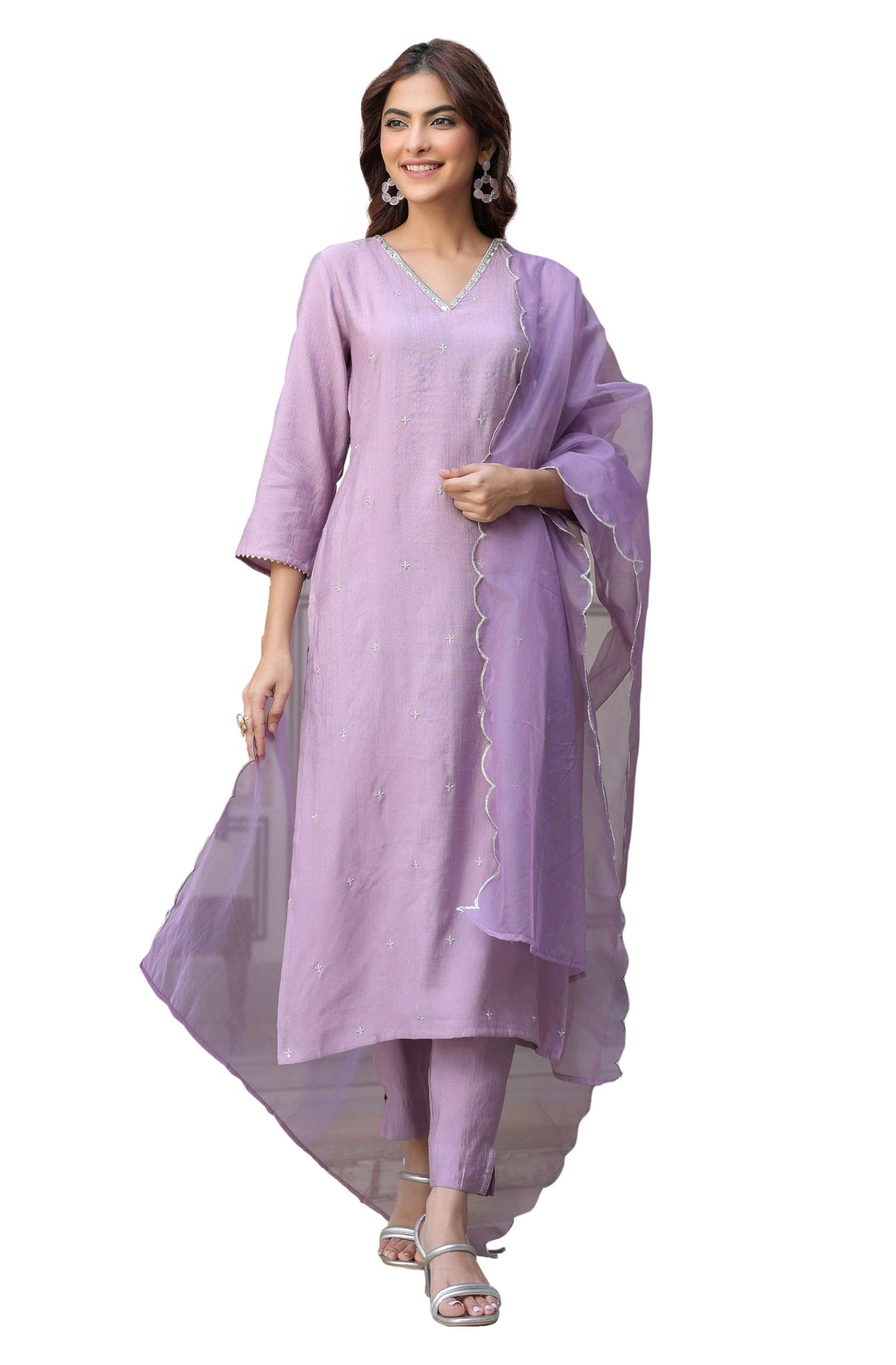 janasya Women's Lavender Chinon Embellished Kurta with Pant and Dupatta Set-picture-16