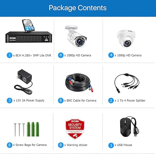 Miniatura 2 de ZOSI 5MP Lite H.265+ Sistema de cámara de seguridad para el hogar, grabadora CCTV DVR de 8 canales con disco duro de 2 TB y 8 cámaras domo de