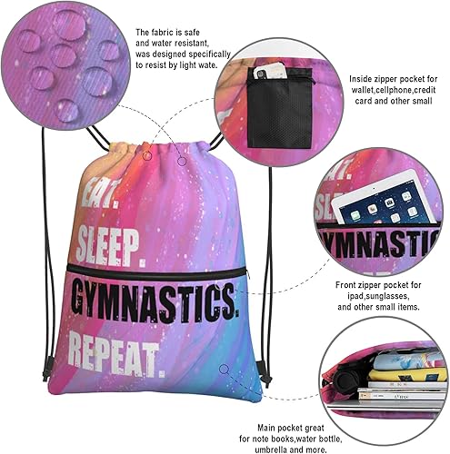 Miniatura 4 de Mochila deportiva con cordón ajustable, duradera, impermeable, ligera, para hombres y mujeres, Comer sueño gimnasia repetición, Mochilas