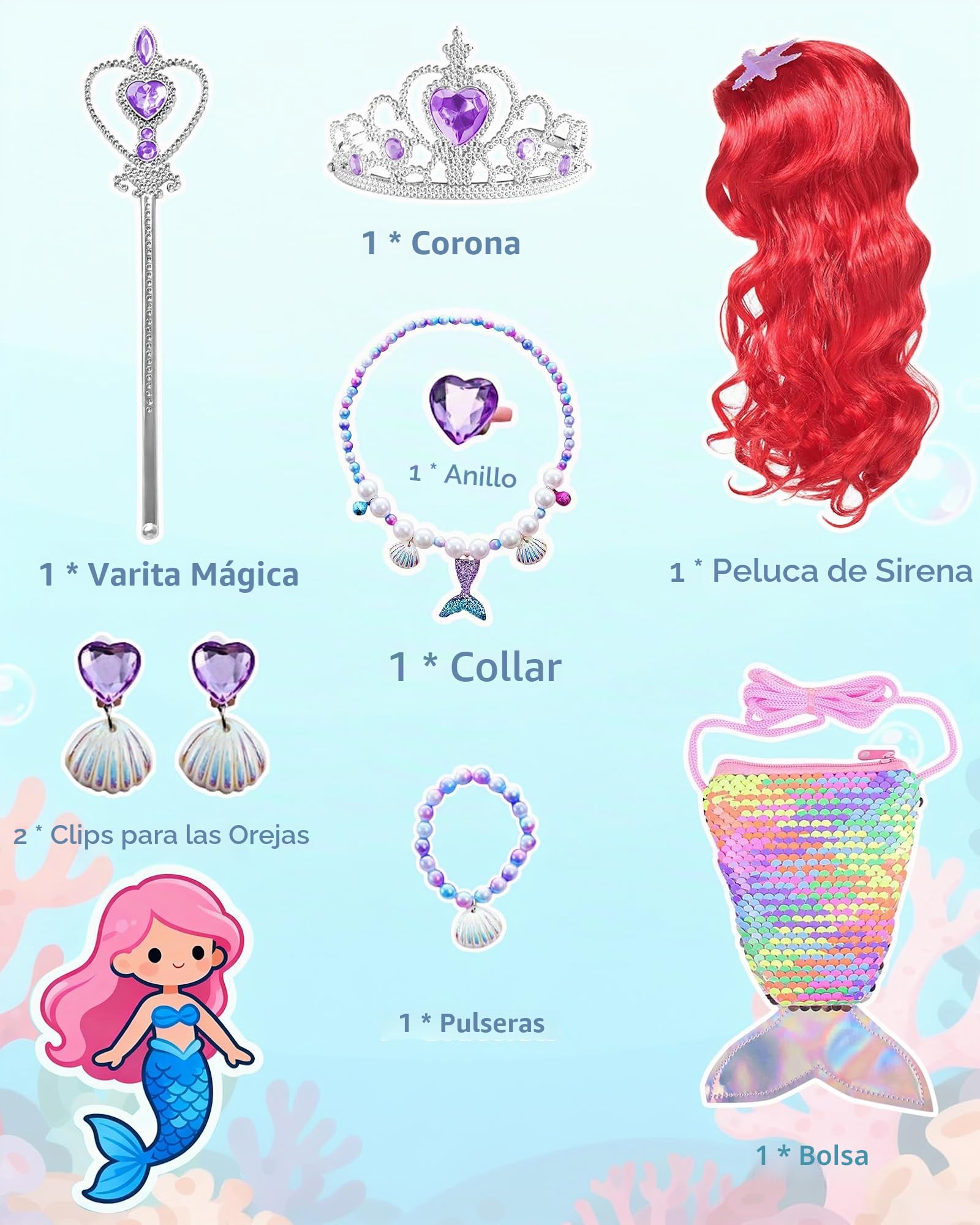 Disfraz de princesa sirena para niñas, vestido con purpurina con accesorios de 3 a 10 años, para Navidad, cumpleaños, día mundial del libro, cosplay