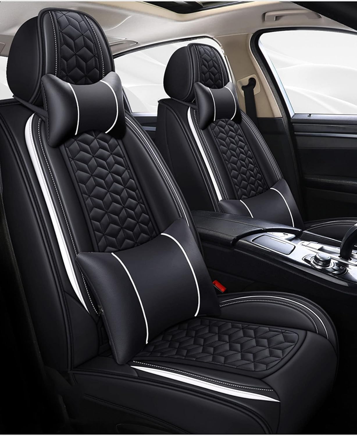 Full Set Universal Fit 5 Seats Car Waterproof Pu Leather Front Rear Car Seat Cushion Cover with Headrest Waist Support Pillows for Sedan or SUV,C