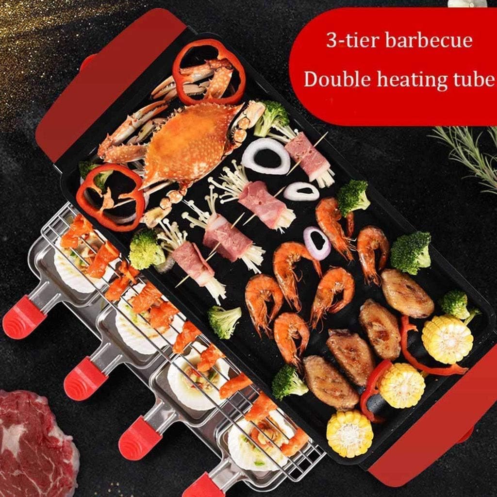 Three-layer Smokeless Barbecue，Non-Stick Cooking Surface Adjustable Temperature Knob From Warm to Sear Grilling