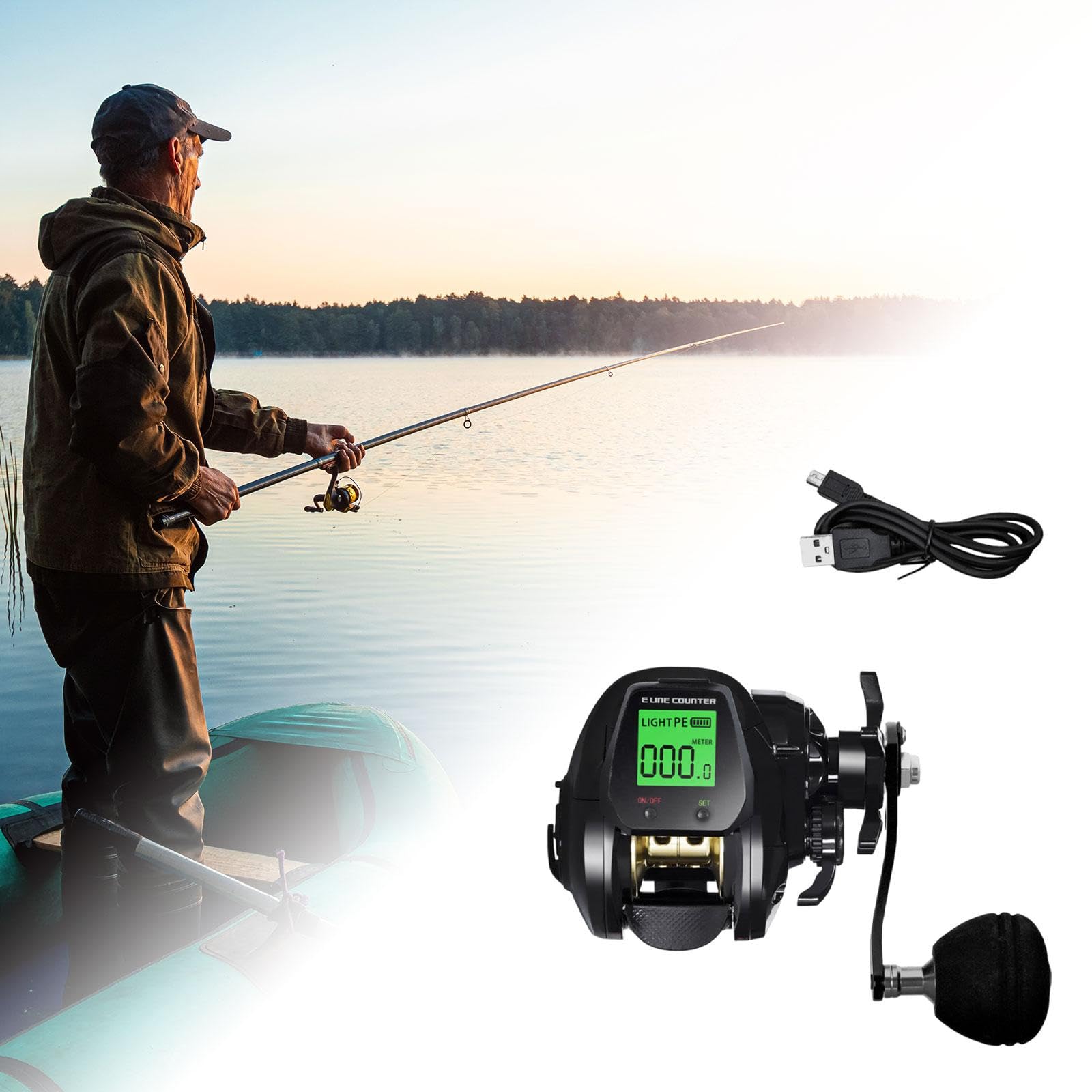 KESOTO Carrete de Pesca con Asistencia Eléctrica, Accesorio de Carga USB, Mano Derecha Negra