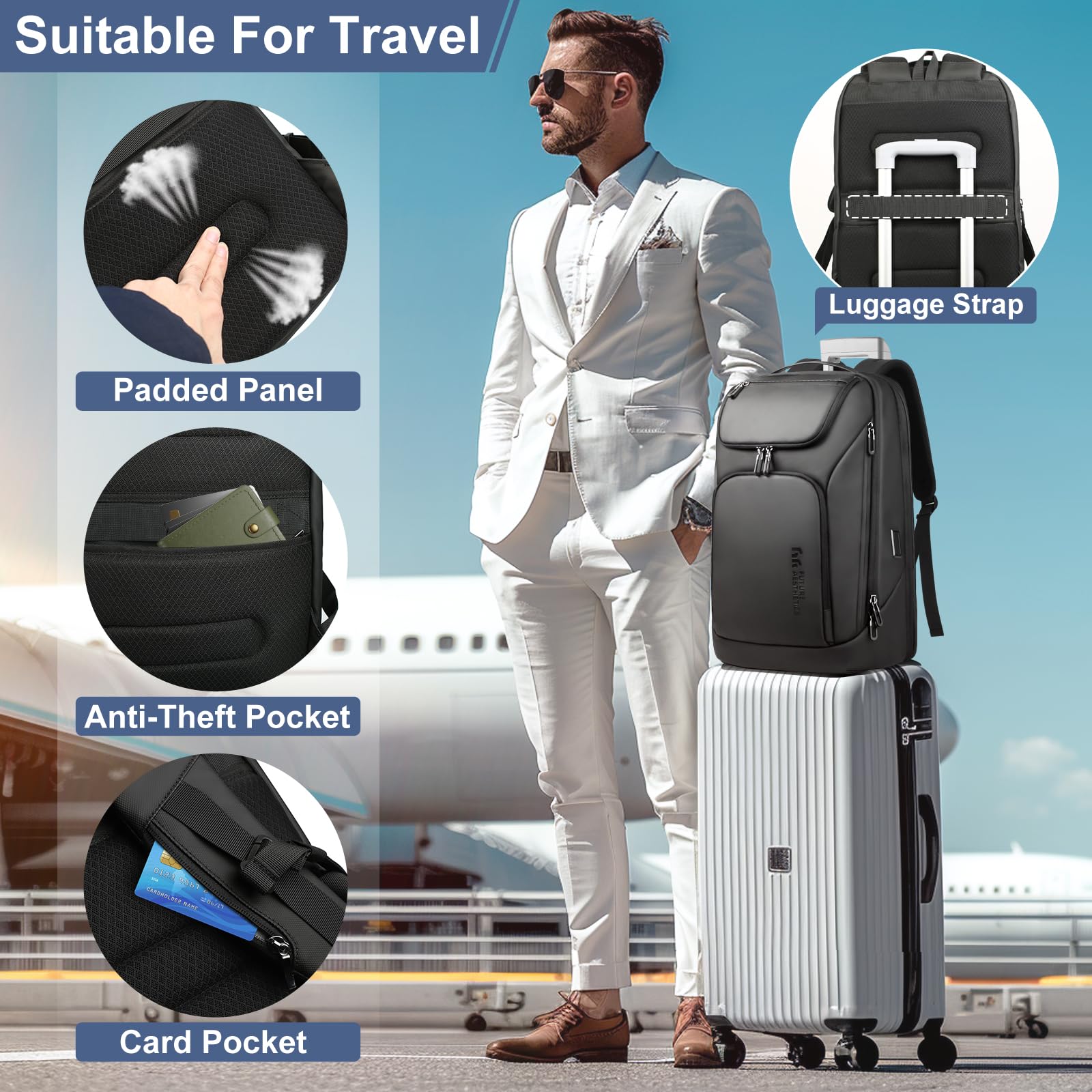 Mochila de Negocios Ordenador Portátil Laptop 17,3 Pulgadas | Grande para Hombre con Puerto USB Resistante al Agua Ultraligero Antirrobo Oficina Trabajo Viaje 30L (Negro)