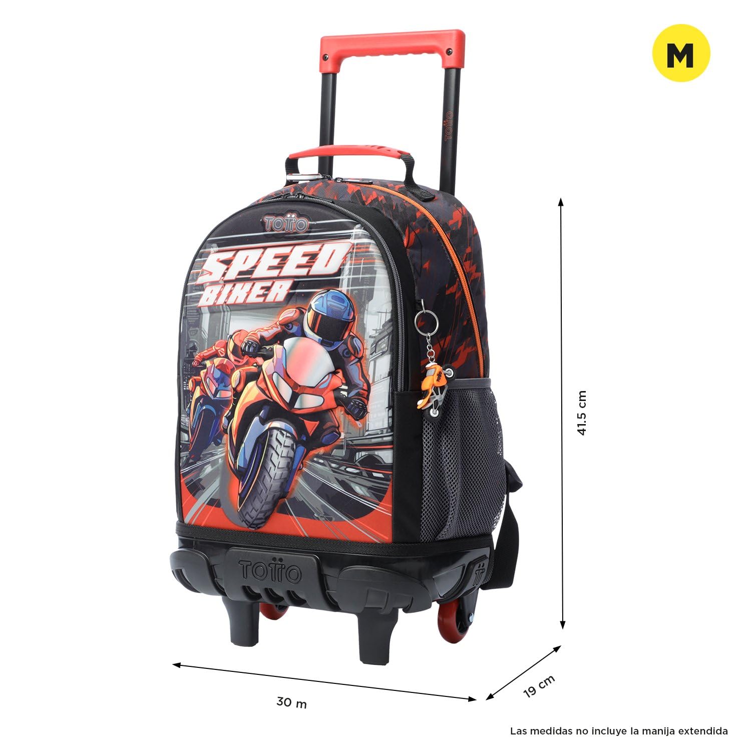 TOTTO - Mochila Escolar con Ruedas, Modelo Speed Biker M, Mochila Mediana, Capacidad 23 L, 2 Compartimentos, 2 Bolsillos Botella, Protección en la Base, Cómodas Correas Ajustables, Color Rojo
