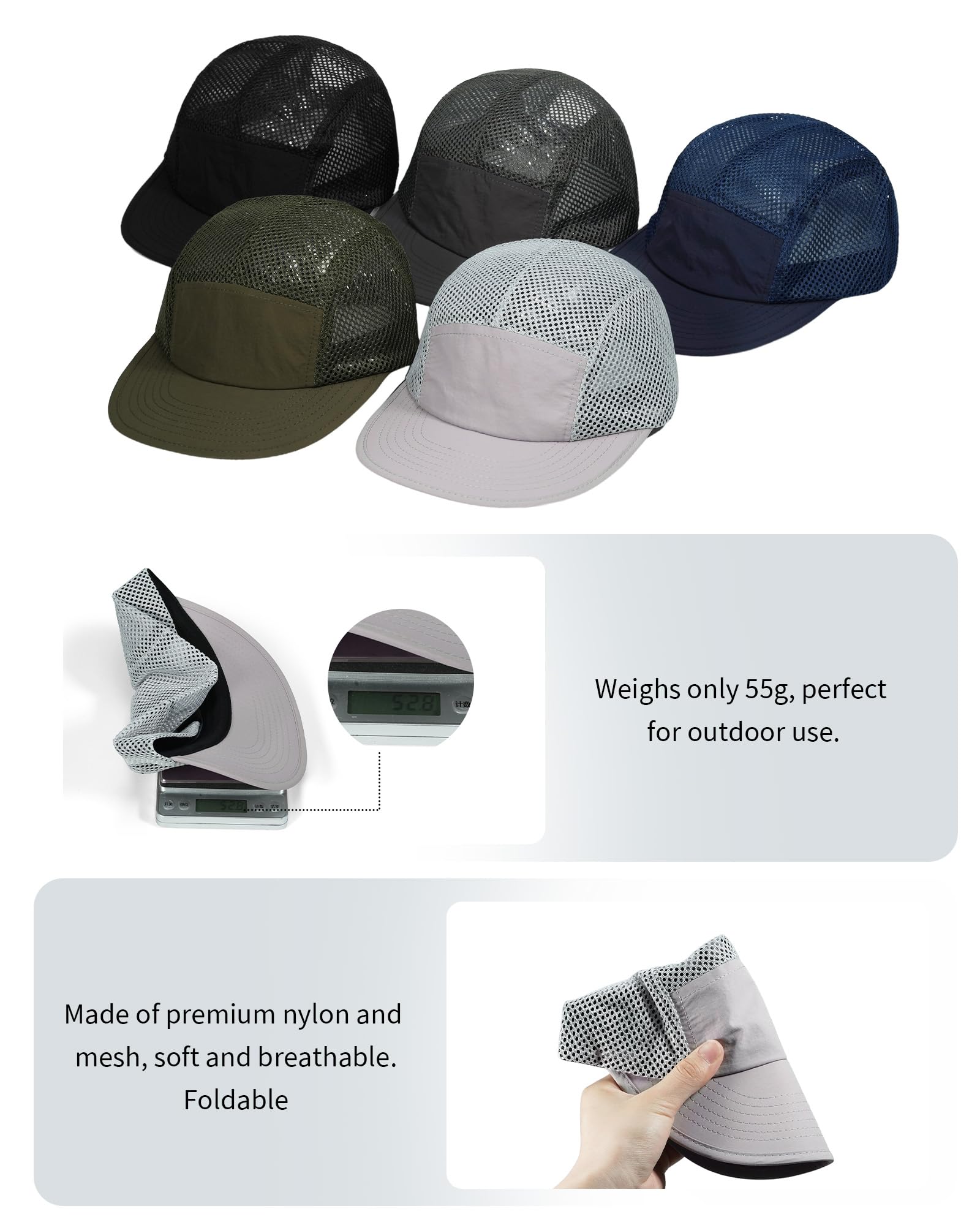 Croogo Cappello da baseball regolabile in rete a 5 pannelli, leggero, traspirante, ad asciugatura rapida, stile hip hop, cappello piatto, Asbh02-grigio scuro, Taglia unica