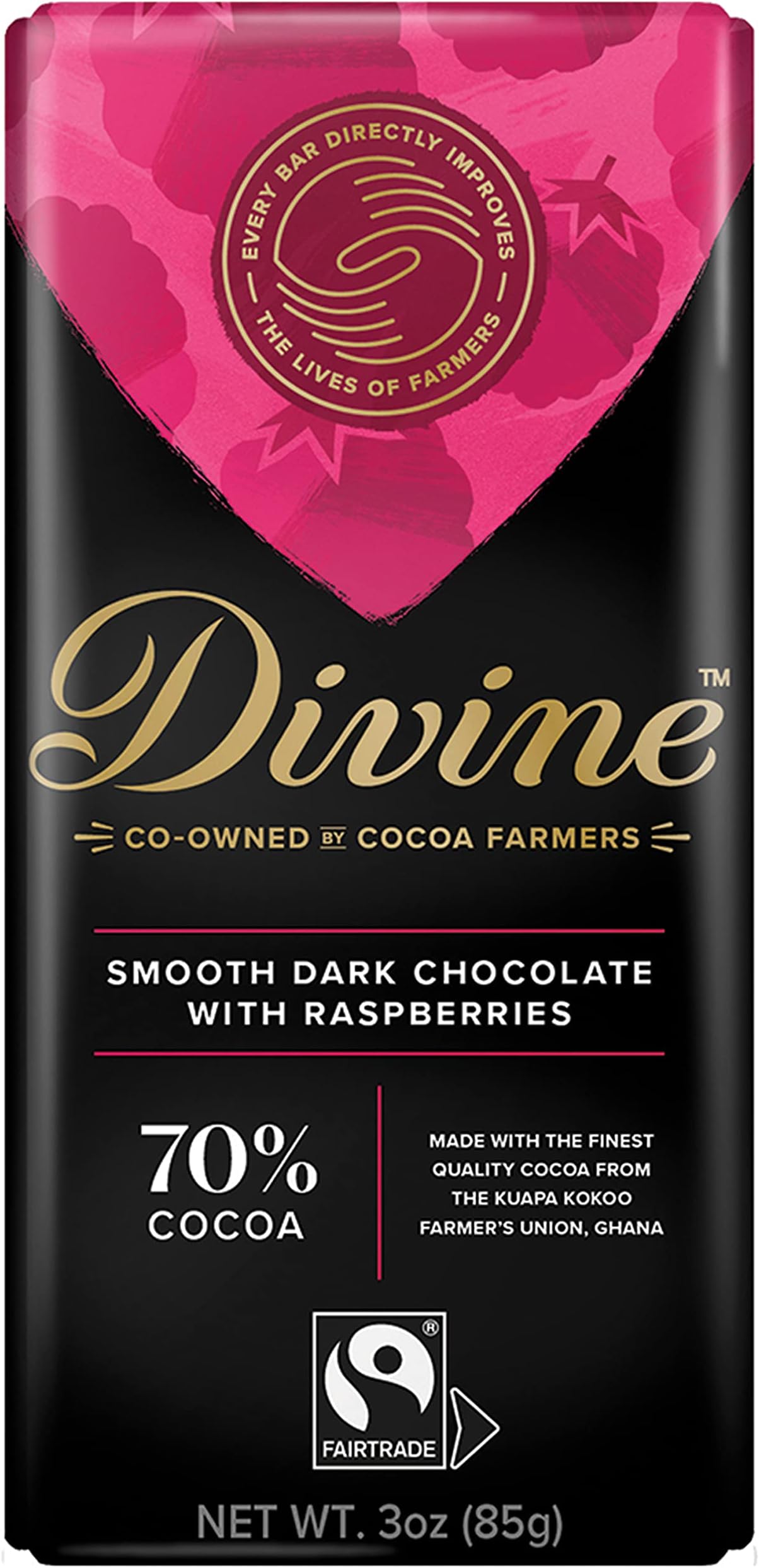 Chocolate Bars - 70% Dark Chocolate with Raspberries - Made with Fairtrade Cocoa, Natural Ingredients, No Artificial Flavors | 3oz. Bars (12 Pack)