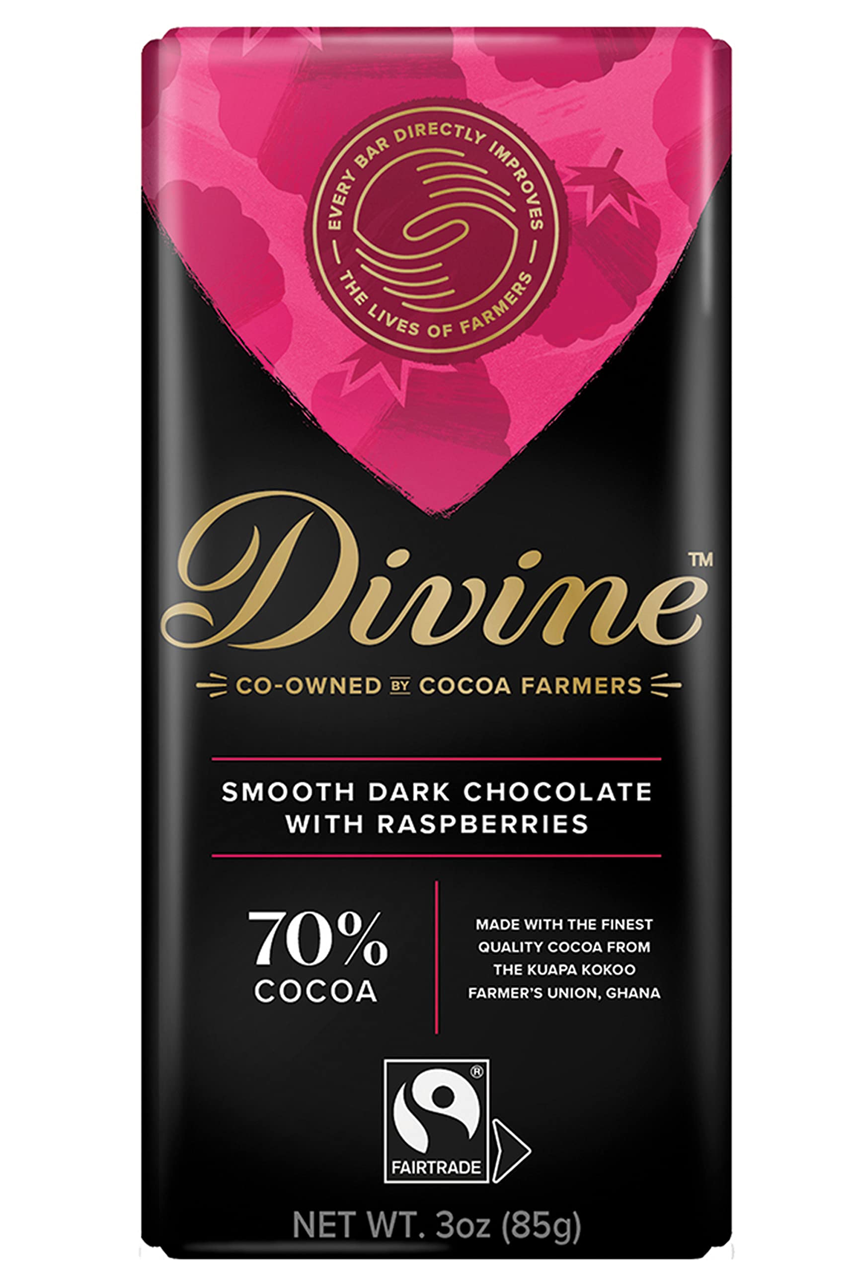 Chocolate Bars - 70% Dark Chocolate with Raspberries - Made with Fairtrade Cocoa, Natural Ingredients, No Artificial Flavors | 3oz. Bars (12 Pack)