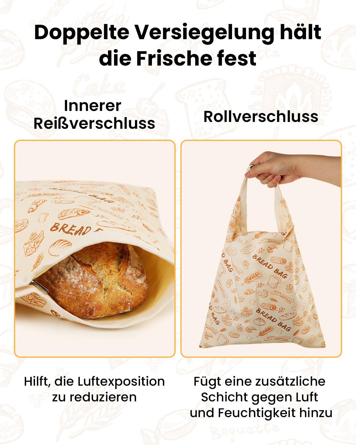 GEEKHOM Bienenwachs Brotbeutel 2 Stück Brotbeutel Leinen Wiederverwendbar für Sauerteig mit Reißverschluss 33×43 cm zur längeren Frischehaltung Waschbar