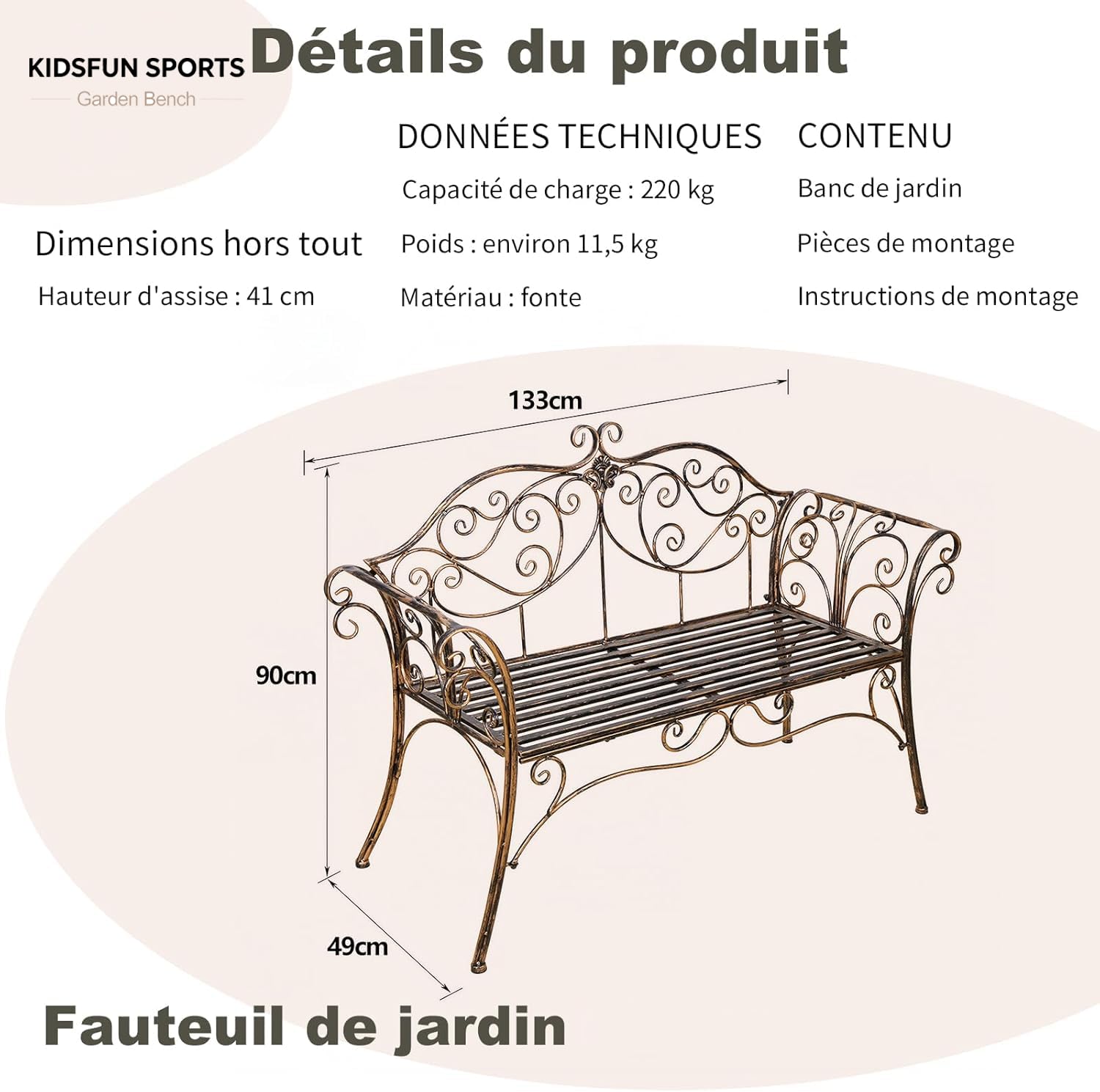 Banc de jardin rétro en métal, 2 places, design incurvé, 250 kg (bronze vieilli)