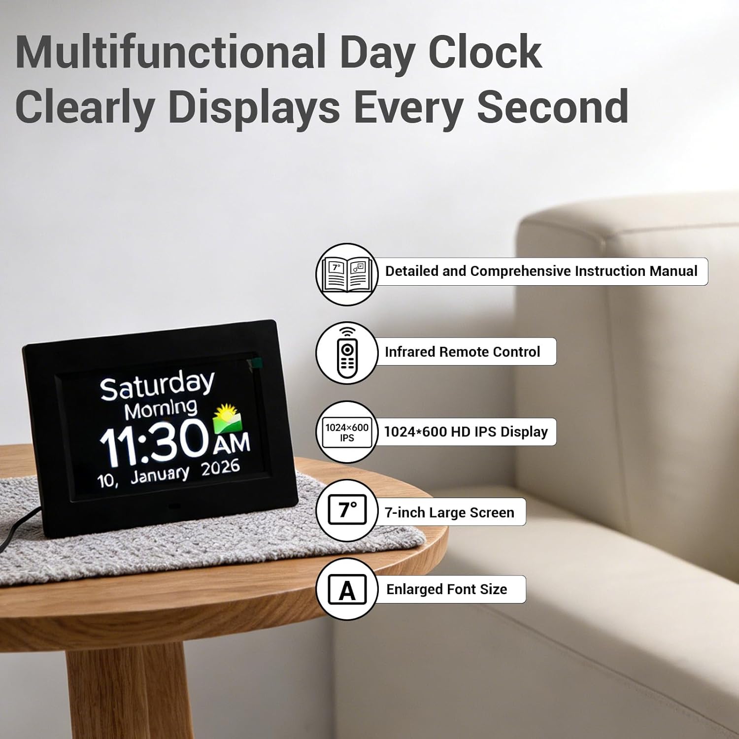 Digital Dementia Clocks for Seniors - 7" Large Display Calendar Clock with Day & Date for Elderly, Auto DST | 20 Alarm Reminders, Essential Alzheimers Clock & Gift for People with Memory Loss