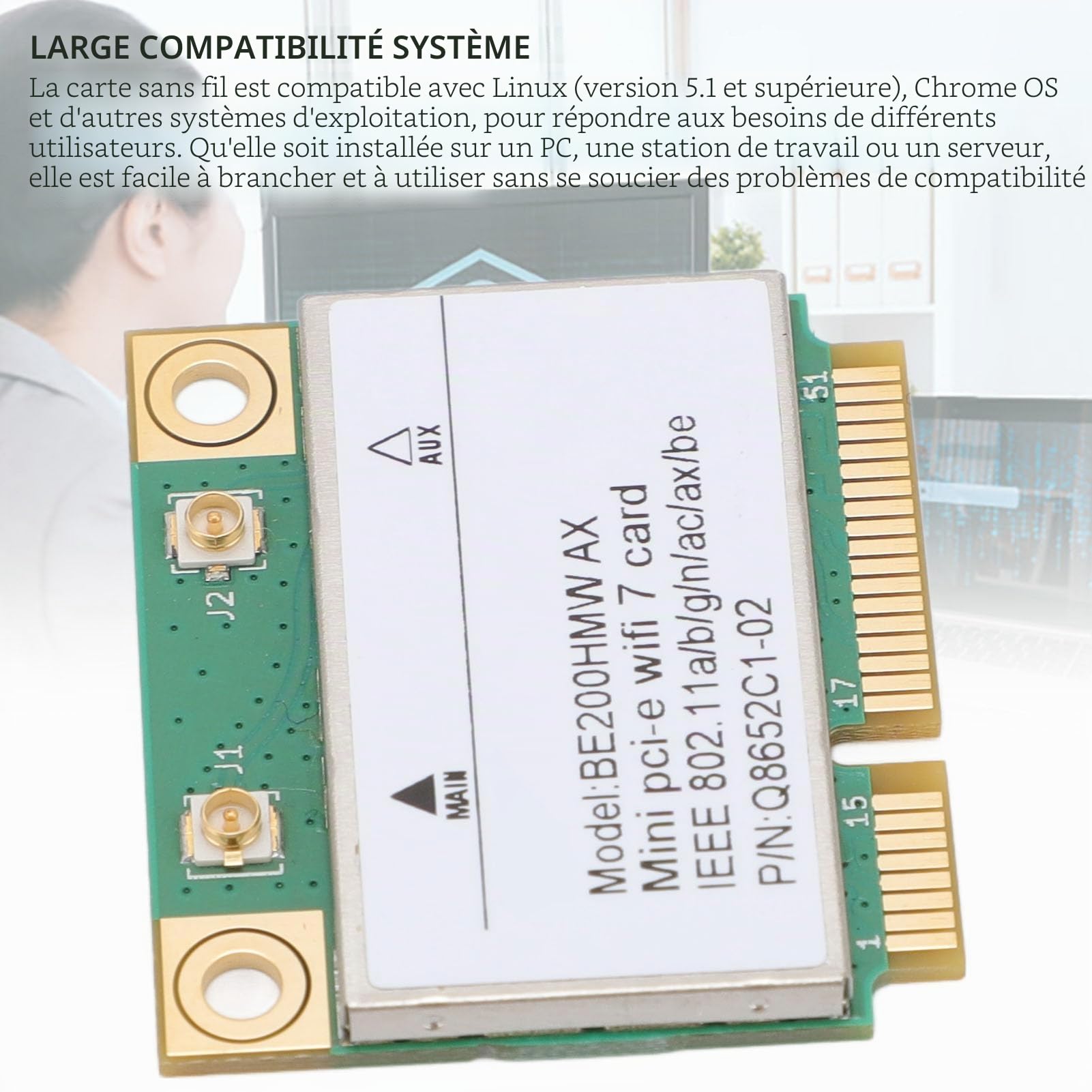WiFi 7 Tri-Band Half Mini PCI-E Wireless Network Carte 8774Mbps (2,4/5 / 6GHz) avec MU-Mimo & BT 5.4 pour L'ordinateur Portable PC de Bureau - Gagne 10/11, Linux, Chrome OS (Pas d'antenne)