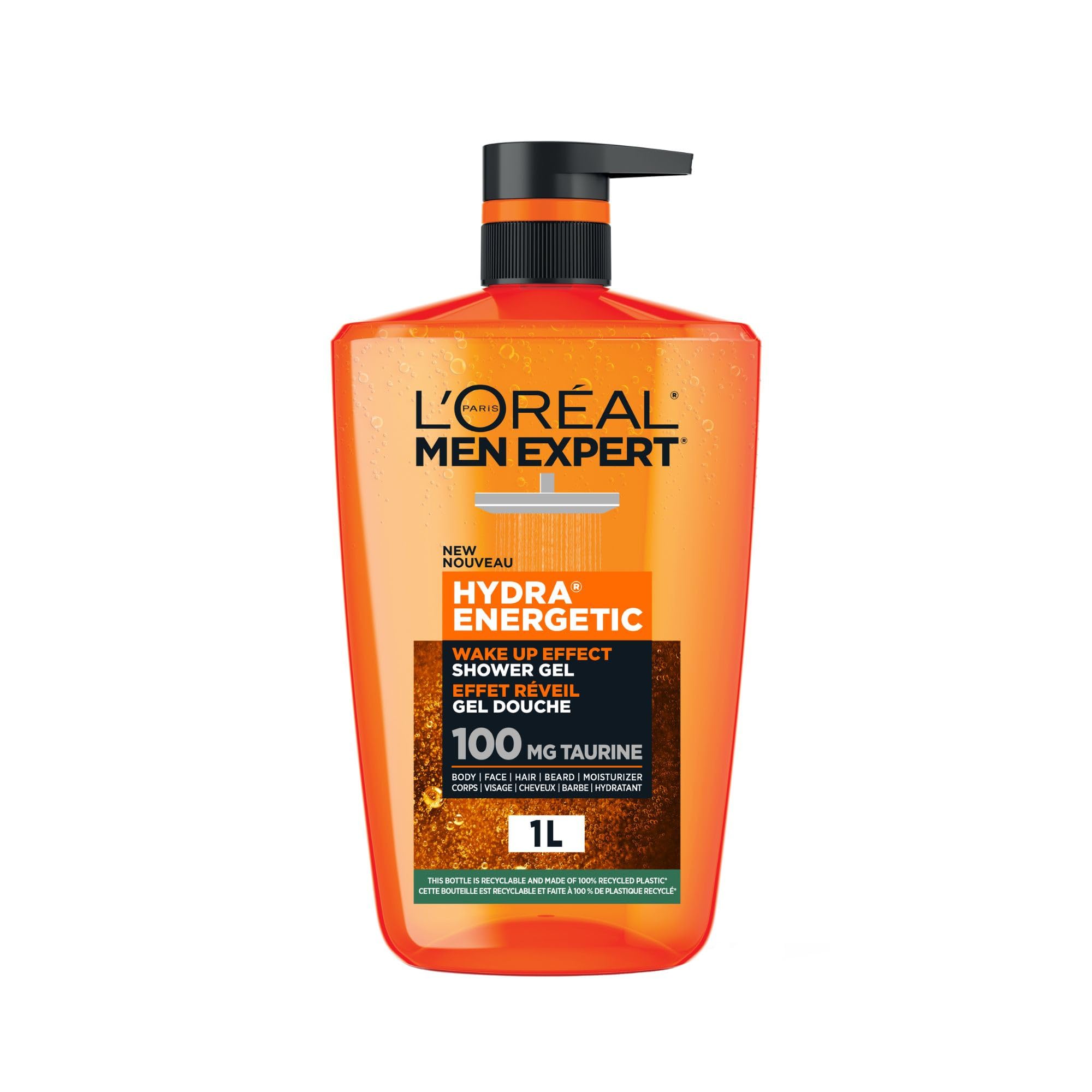 L'Oréal Paris Men Expert Hydra Energetic XXXL Shower Gel, Men's Taurine Body Wash for Body, Face, Hair & Beard, Energizing & Wake Up Effect, 1 Litre
