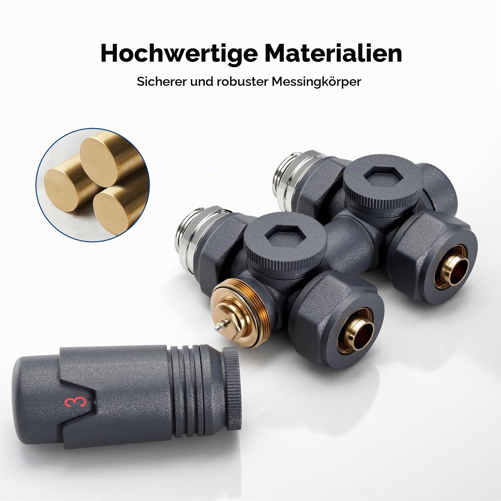 Heilmetz Multiblock Set für Heizkörper Anschlussarmatur mit Thermostat 50mm Ventil-Armaturen Heizungszubehör Eck- und Durchgangsform Anthrazit Wandanschluß Anschlußgarnitur (16mm, 1 Stück)