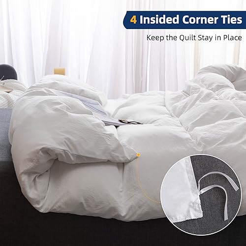 Miniatura 6 de Argstar Juego de funda de edredón de 3 piezas tamaño matrimonial, color blanco con cierre de botón, microfibra lavada, suave y de fácil cuidado, con