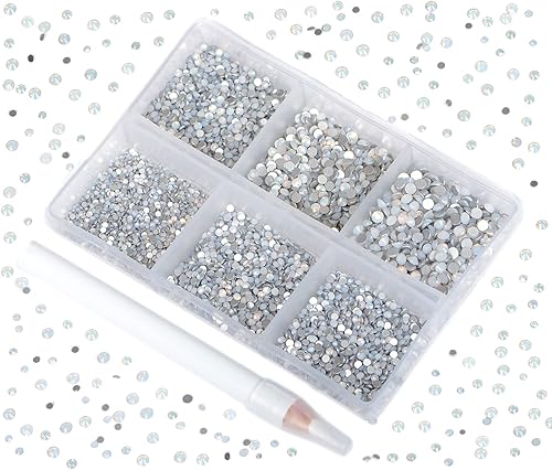 Bymitel 7200 unidades de 6 tamaños mixtos con pegamento para fijar en diamantes de imitación de vidrio, gemas de cristal redondas con parte trasera
