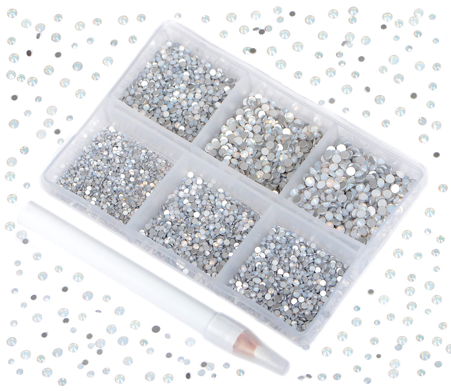 Bymitel 7200 Pieces 6 Mixed Sizes Glue Fix on Glass Rhinestones Round Crystal Gems Flatback for DIY Jewelry Making with one Picking Pen(6-Sizes 7200PCS, White Opal)