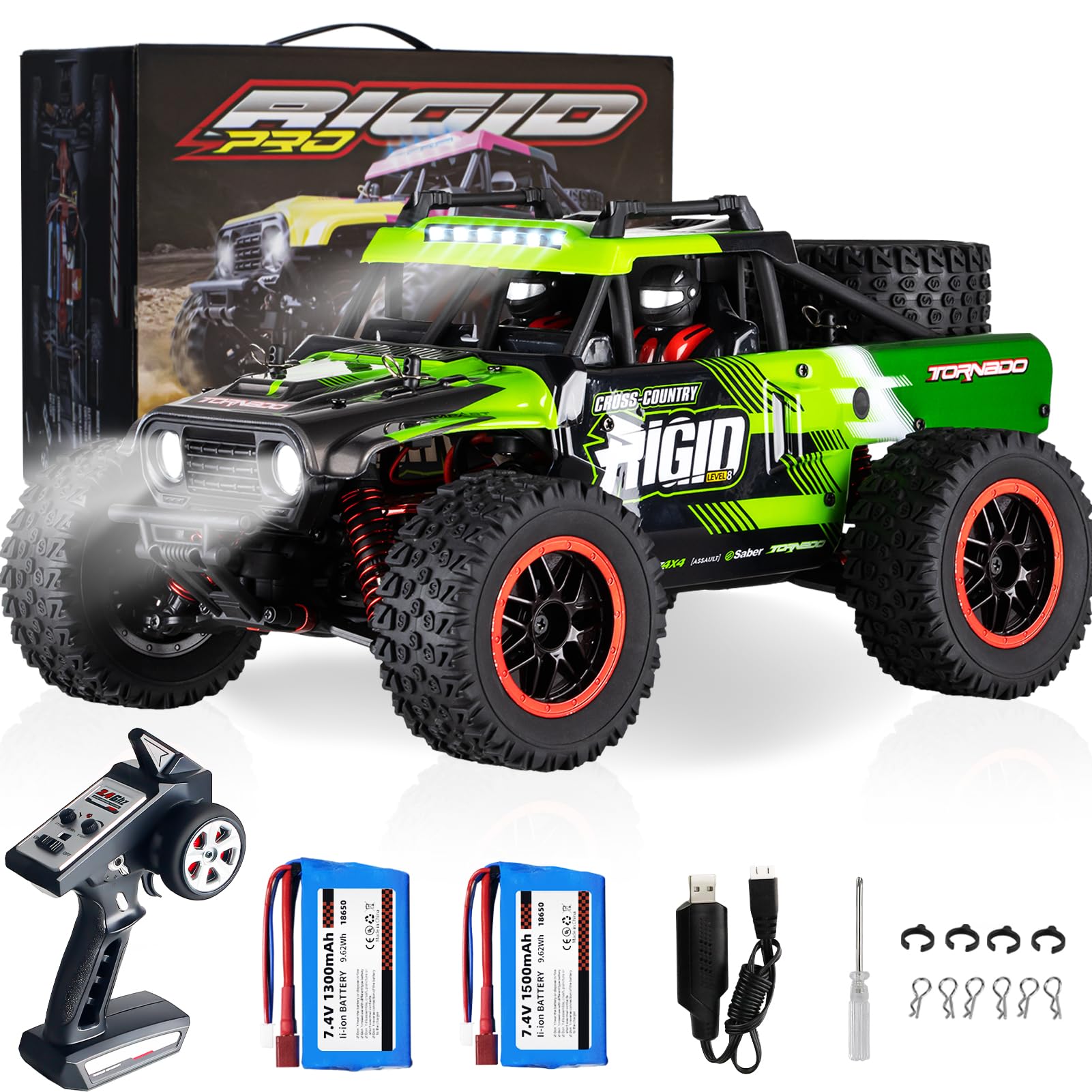 1:14 RC Cars Fast 50 KMH Remote Control Car 4X4 RC Truck for Kids Adults Boys 2.4 GHz All Terrains RC Dune Buggy Off-Road RC Monster Truck Short Course Car with 2 Batteries (Green)
