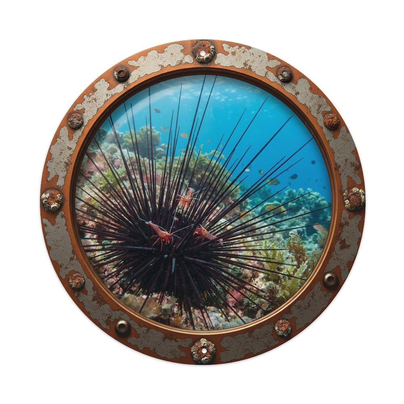 Gead 8X8inch Style Vintage Porthole Urchin Shrimp Nautical Window View Metal Tin Sign