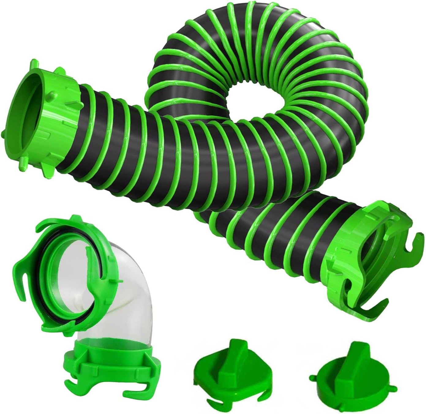 2-Foot RV Tote Tank Sewer Hose Kit, 90° Clear Elbow, Dual Swivel Bayonet Ends,2 Bayonet Fitting Storage Caps — Compact, Leak-Resistant Connection for Portable Waste Tanks & Dump Stations
