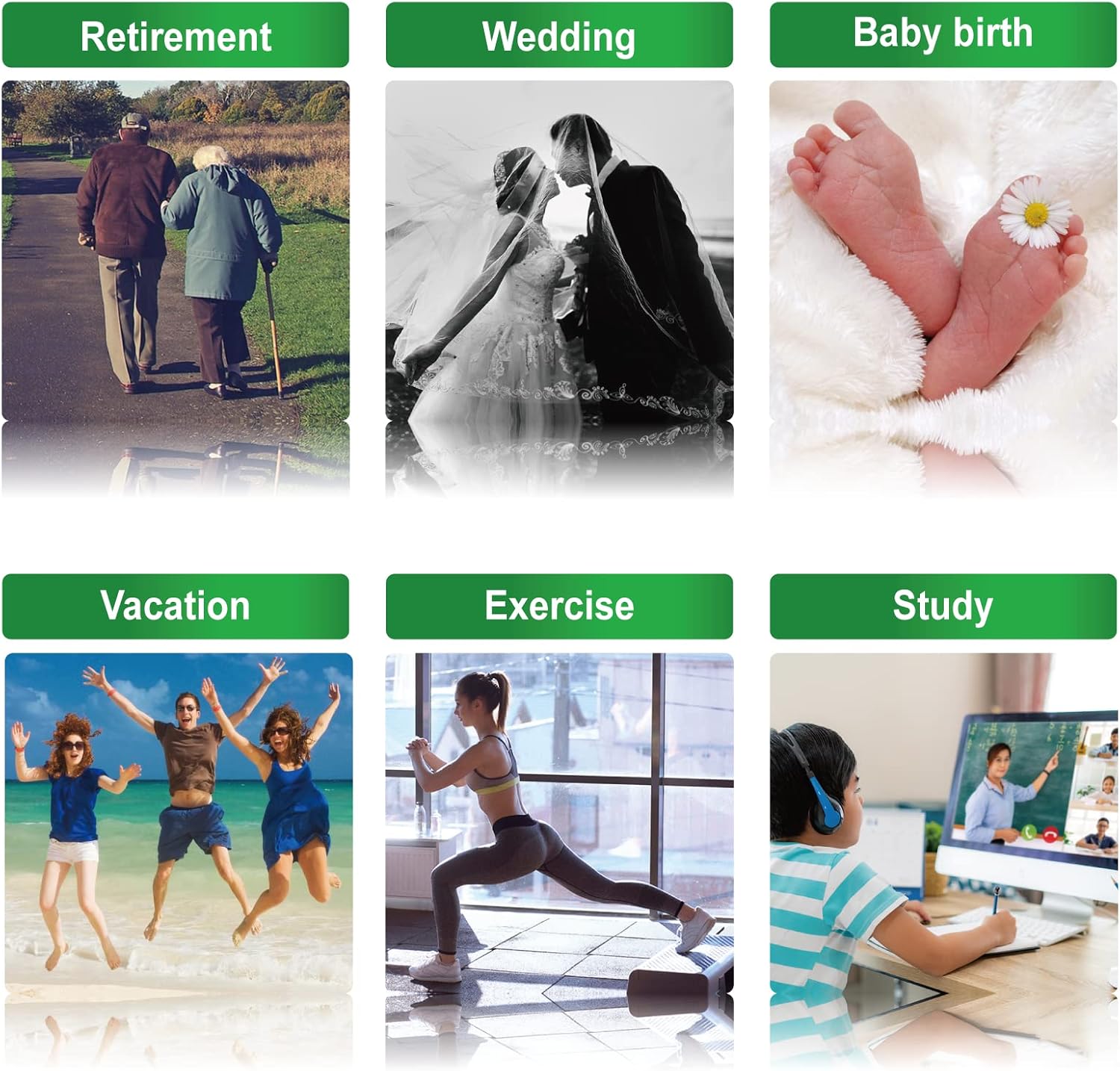 A collage of six images depicting various life events and activities: an elderly couple walking (Retirement), a bride and groom (Wedding), baby feet (Baby birth), people jumping on a beach (Vacation), a person exercising (Exercise), and a student studying (Study).