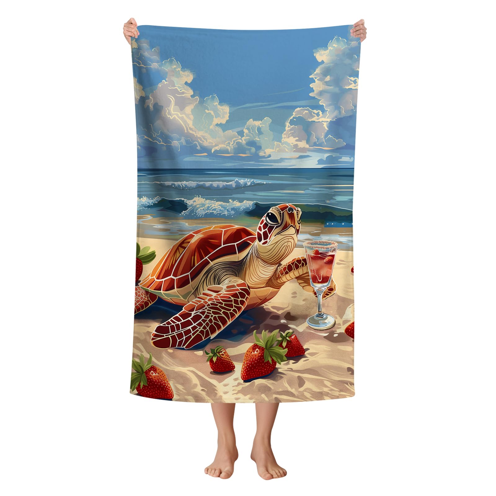 WZOMT Microfiber Turtle Beach Towel, Funny Sea Turtle Strawberry on The Beach Print Bath Towels for Adults Kids, Soft Quick Dry Ocean Animal Towel for Pool Swim Travel, Oversized 32x52 Inch