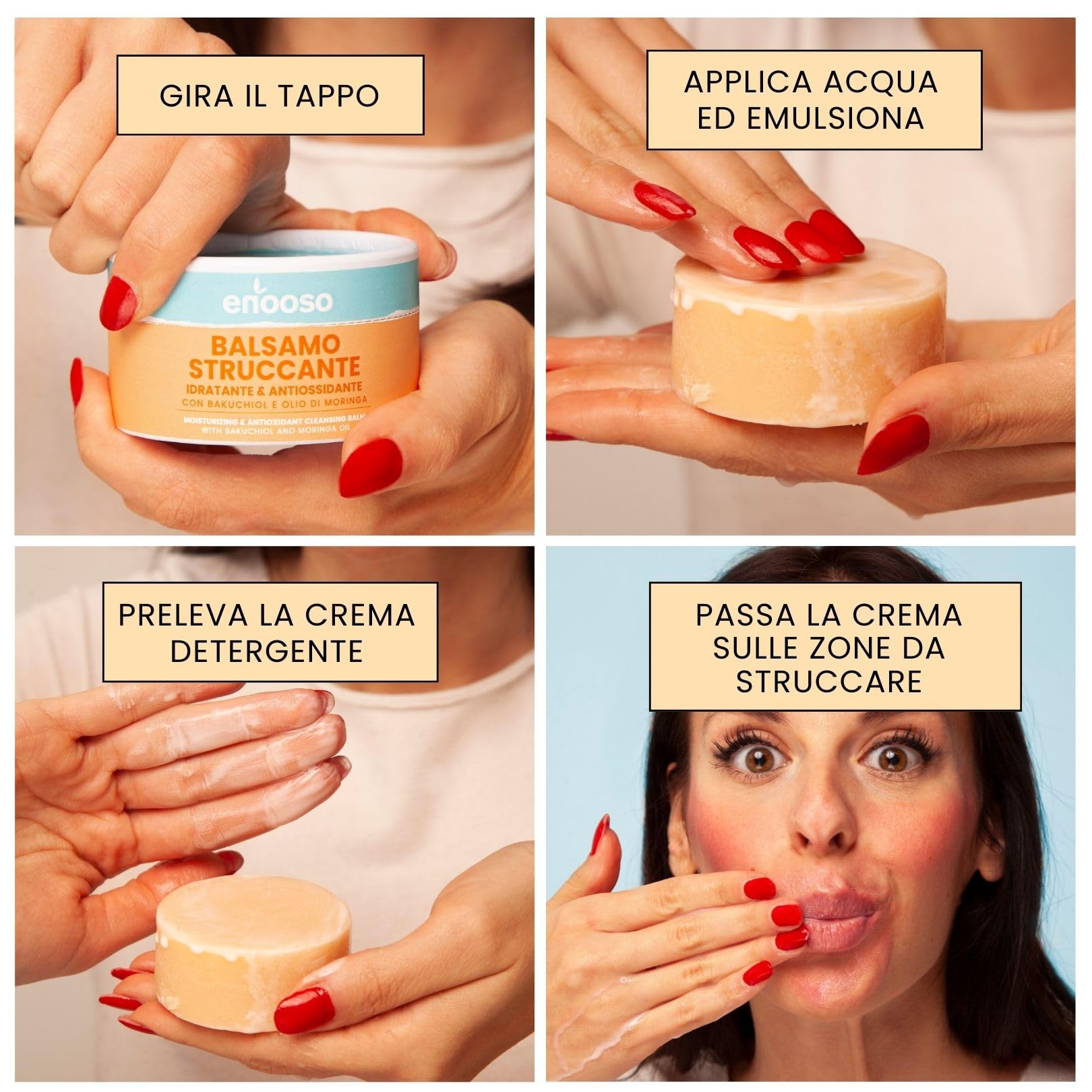Enooso - Burro Struccante Viso e Occhi Waterproof, Sollievo Immediato e Antiossidante, Balsamo Struccante Solido Idratante con Bakuchiol, Vitamina E, Olio di Moringa e Cocco, Pelli Sensibili, 50g