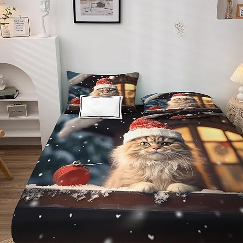 Miniatura 4 de zcsm Cat Sheets Queen Size - Christmas Bedding Sheets & Pillowcases - 100% Microfiber, High Thread Count Print, Flat Sheet & Deep Pocket Fitted