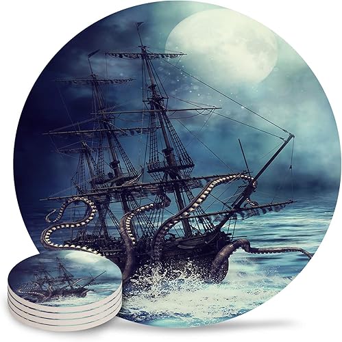Kraken Octopus Monster Pirate Ship - Juego de 4 posavasos de cerámica redonda absorbente con respaldo de corcho para el hogar, regalo de