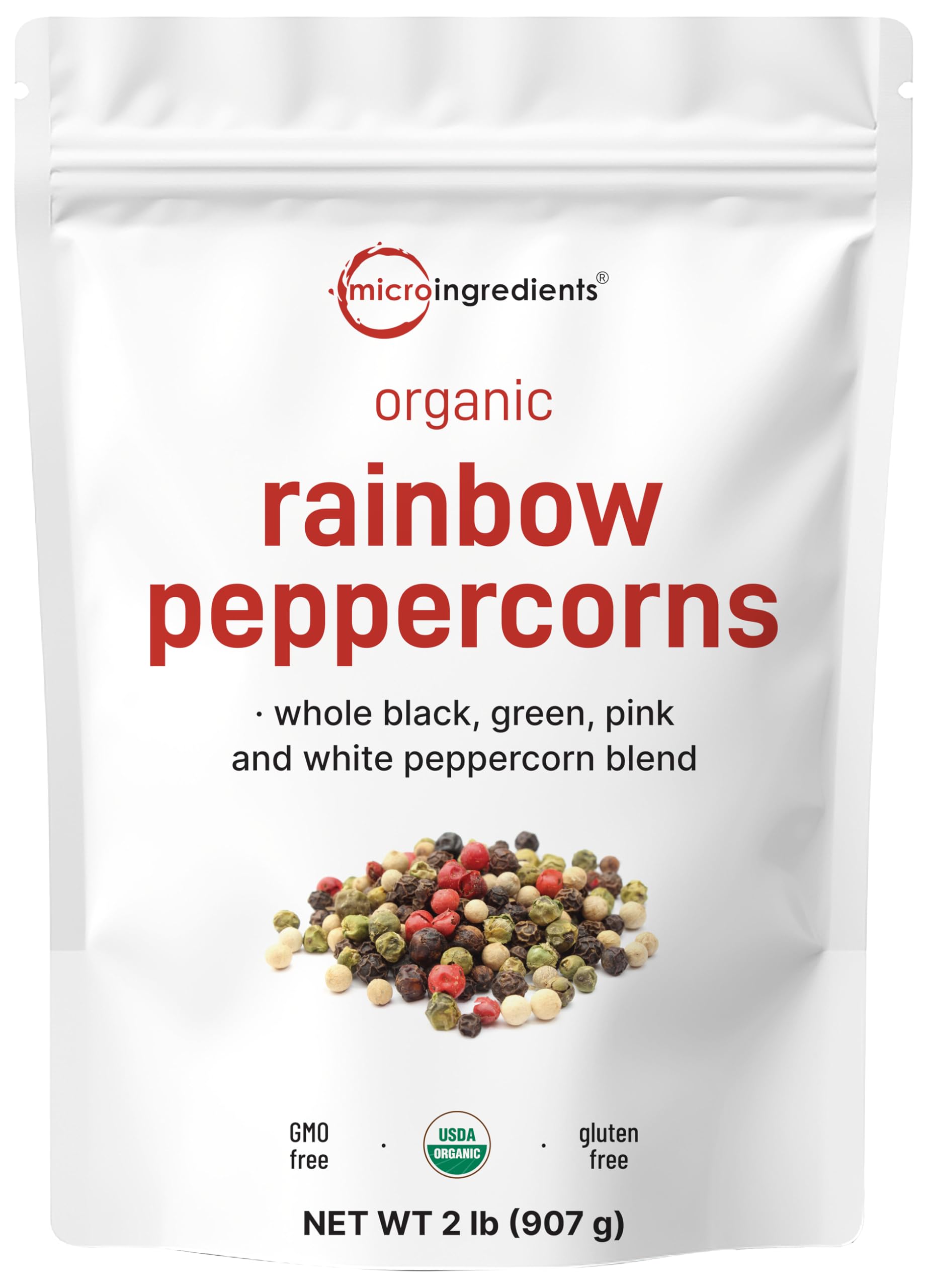 Micro Ingredients Organic Whole Rainbow Peppercorns, 2lbs | Premium Whole Peppercorns for Grinder Refill | Great for Seasonings, Meats & Vegetables | Additive Free, Non-GMO, Bulk SupplyUSDA Organic