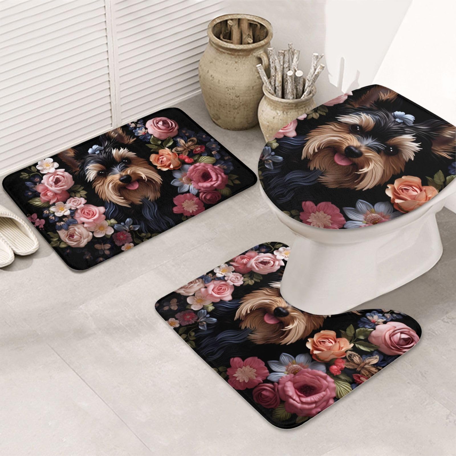 Set di 3 tappetini da bagno con motivo floreale Yorkie Dog Floreale in flanella morbida antiscivolo set con coperchio per la decorazione della casa