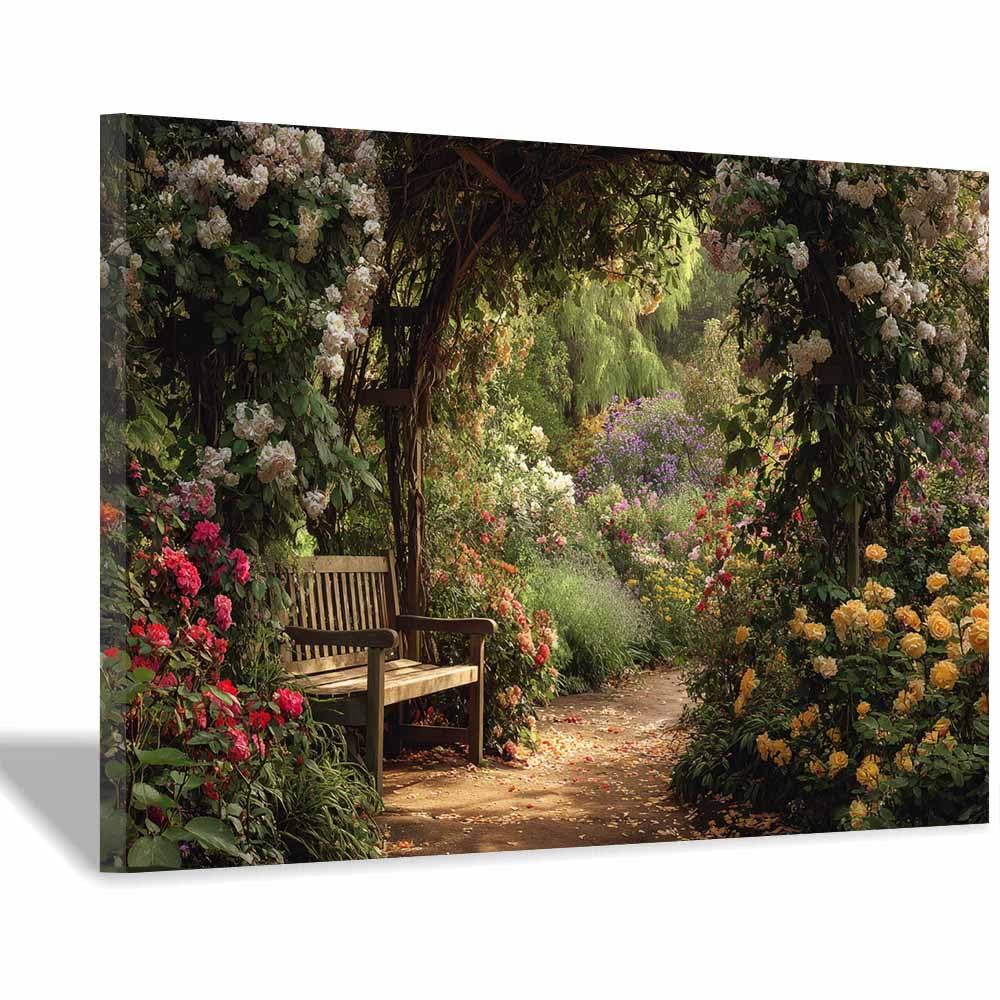 XENIOU Flowers Canvas Ros Garden Bench Views Canvas wall art, for Living Room Bedroom Home Wall Decoration(Multicolor)-40x60cm Framed