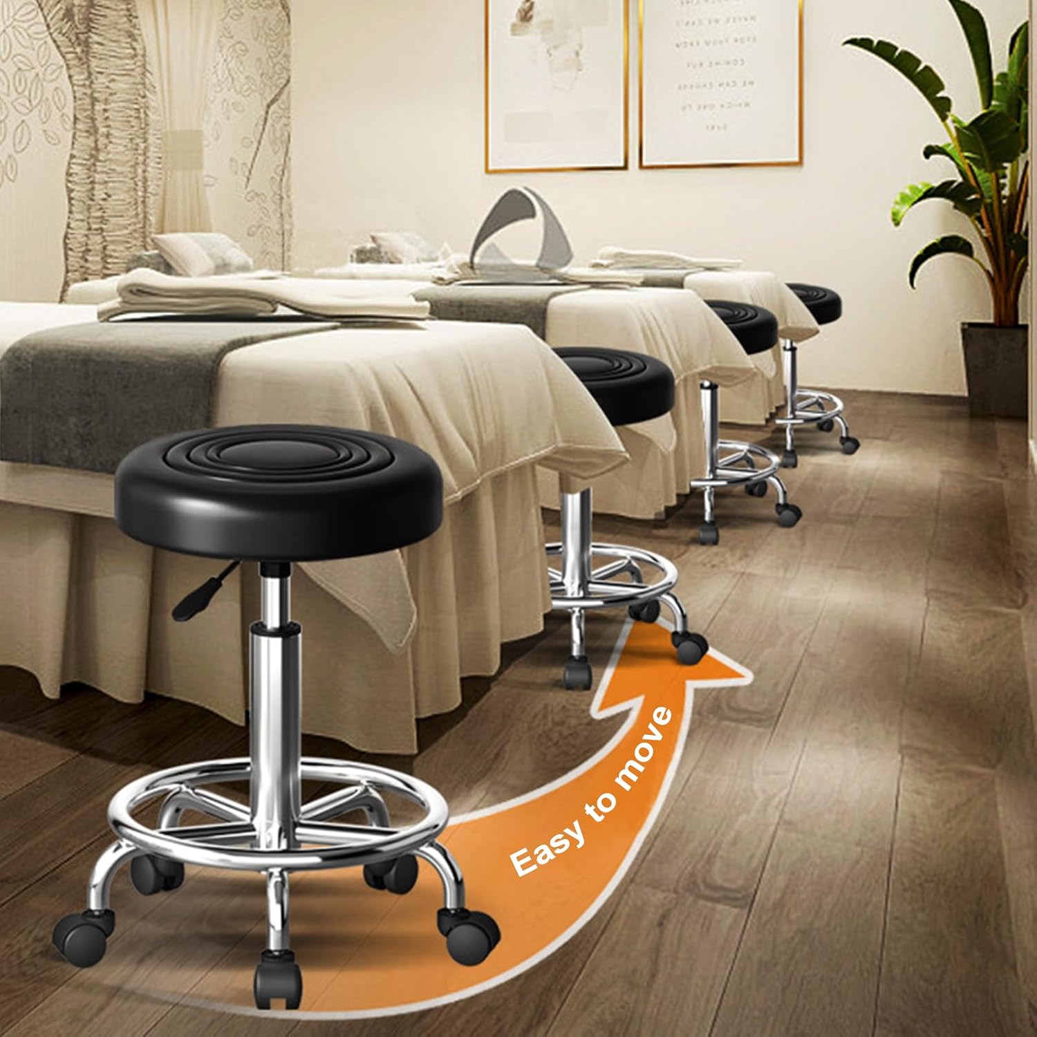 Vanity Stool, 360-Degree Rolling Stool, Height Adjustable Stools with Wheels, Faux Leather Cushioned Office Shop Stools, with Metal Frame, Black (Black)