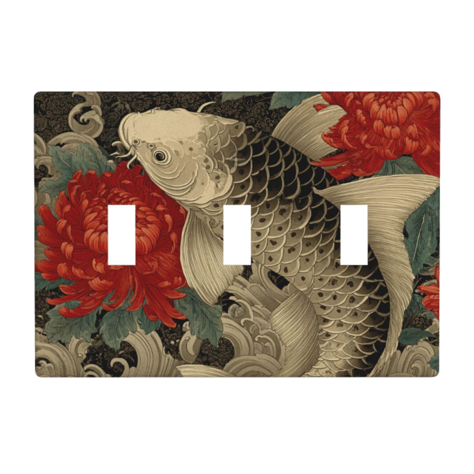 Woshuwo White Japanese Black Fish Red Chrysanthemum Flowers Light Switch Covers 3 Gang Triple Toggle Wall Plate Switchplate Electrical Faceplate For Bathroom Kitchen Bedroom Decor