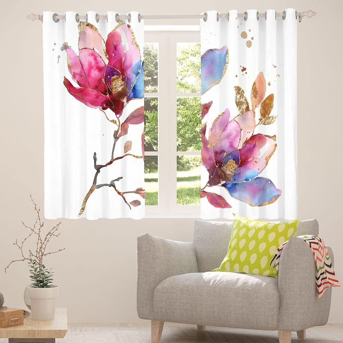 YELDAN Flower Curtains 63 Inch Length 2 Panels Set, Watercolor Blackout Curtains for Bedroom Living Room, Room Darkening Thermal Insulated Grommet Curtains & Drapes, Window Treatments