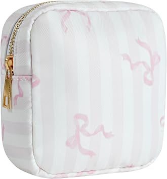 RSRSLEII Small Waterproof Nylon Makeup Bag with Bow Pattern, Aesthetic Cosmetics Pouch and Toiletry Bag for Travel, Cute Makeup Organizer Storage Pouch for Women Girls02Striped Bow