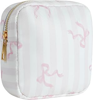RSRSLEII Small Waterproof Nylon Makeup Bag with Bow Pattern, Aesthetic Cosmetics Pouch and Toiletry Bag for Travel, Cute Makeup Organizer Storage Pouch for Women Girls(02Striped Bow)