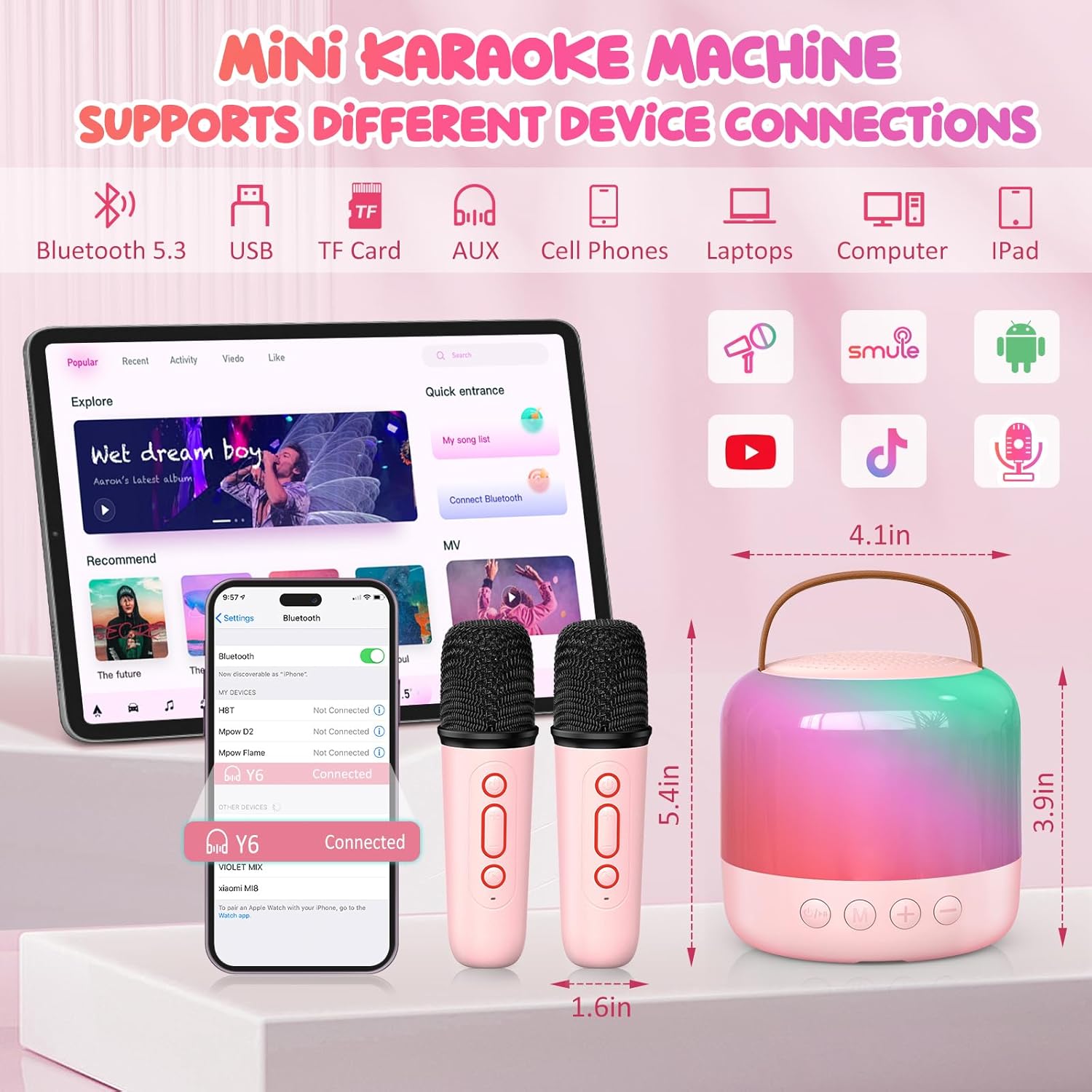 Diagram showing the karaoke machine connecting to various devices via Bluetooth 5.3