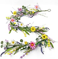 Yawwind 6FT Farmhouse Spring Garland - Vintage Wildflower Daisy Floral Garland for Table, Mantel, Door, Stairs Rustic Decor