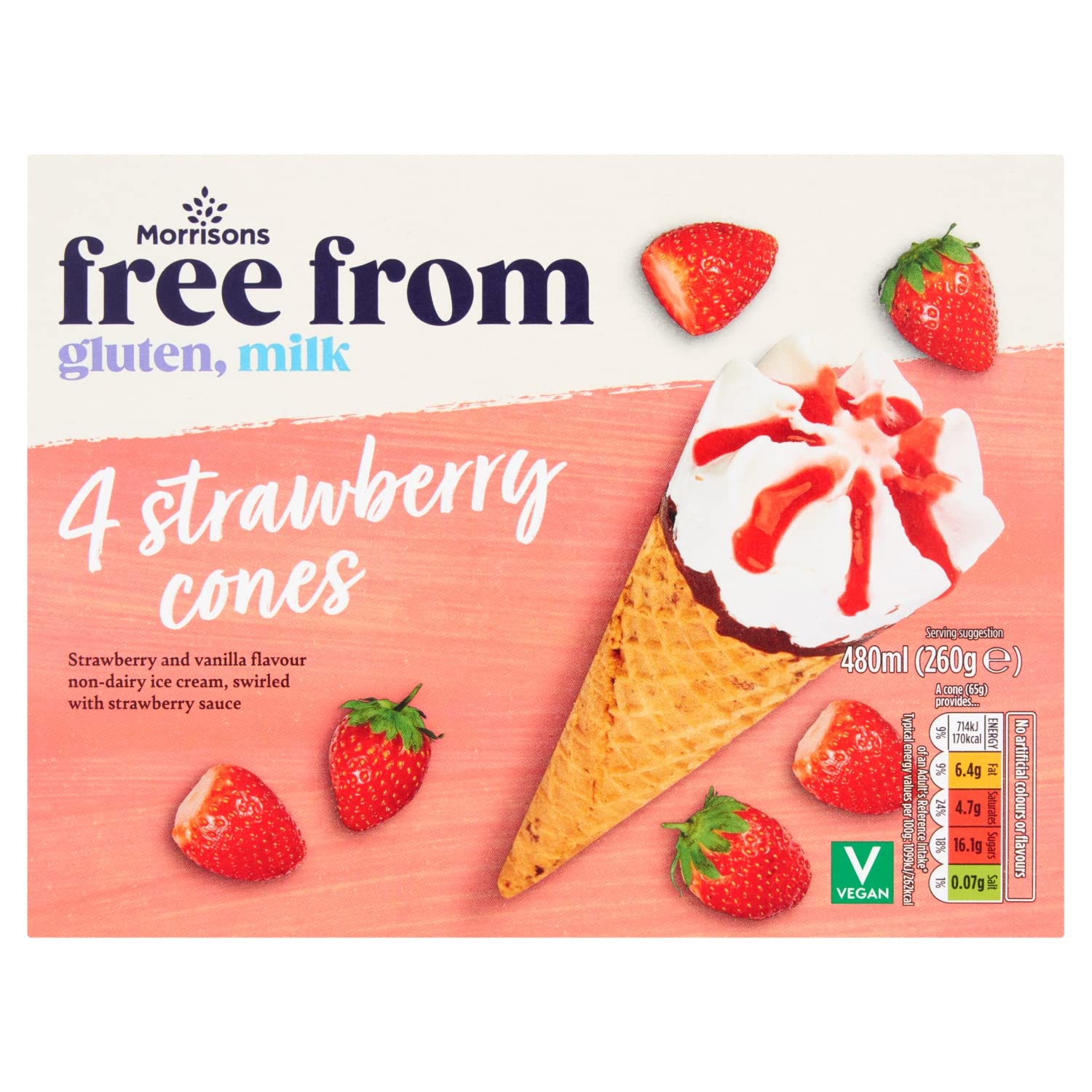 Morrisons Free from Strawberry Ice Cream Cones, 4 x 120ml (Frozen)