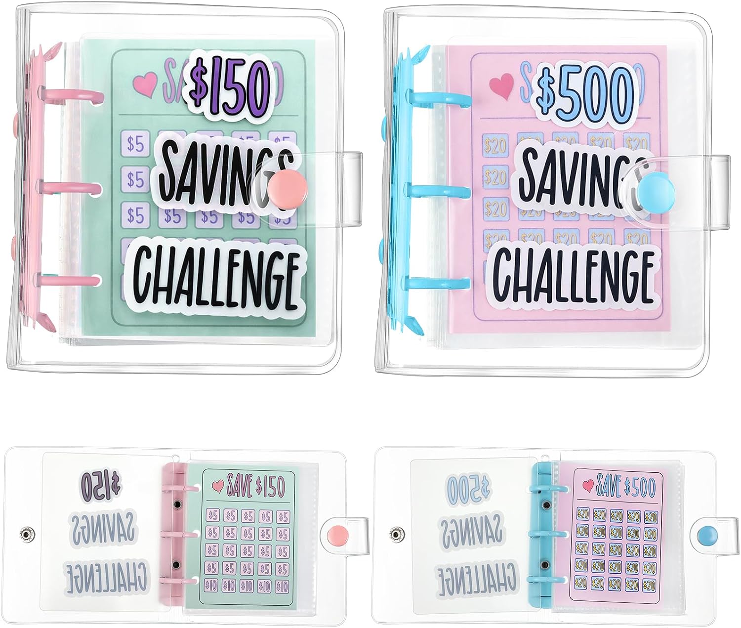 2 Pcs Mini Money Saving Binder,500,150 Dollar,Pink Blue