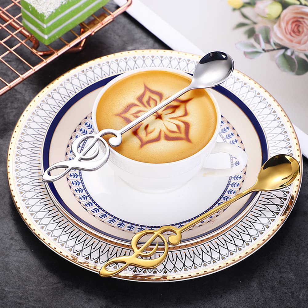 Cucchiaini Note Musicali Set Di 6 Cucchiaini Da Caffè A Forma Di Note Musicali – Acciaio Inox, Per Tè, Gelato, Dessert (Argento E Oro) Cucchiaini Design Musicale