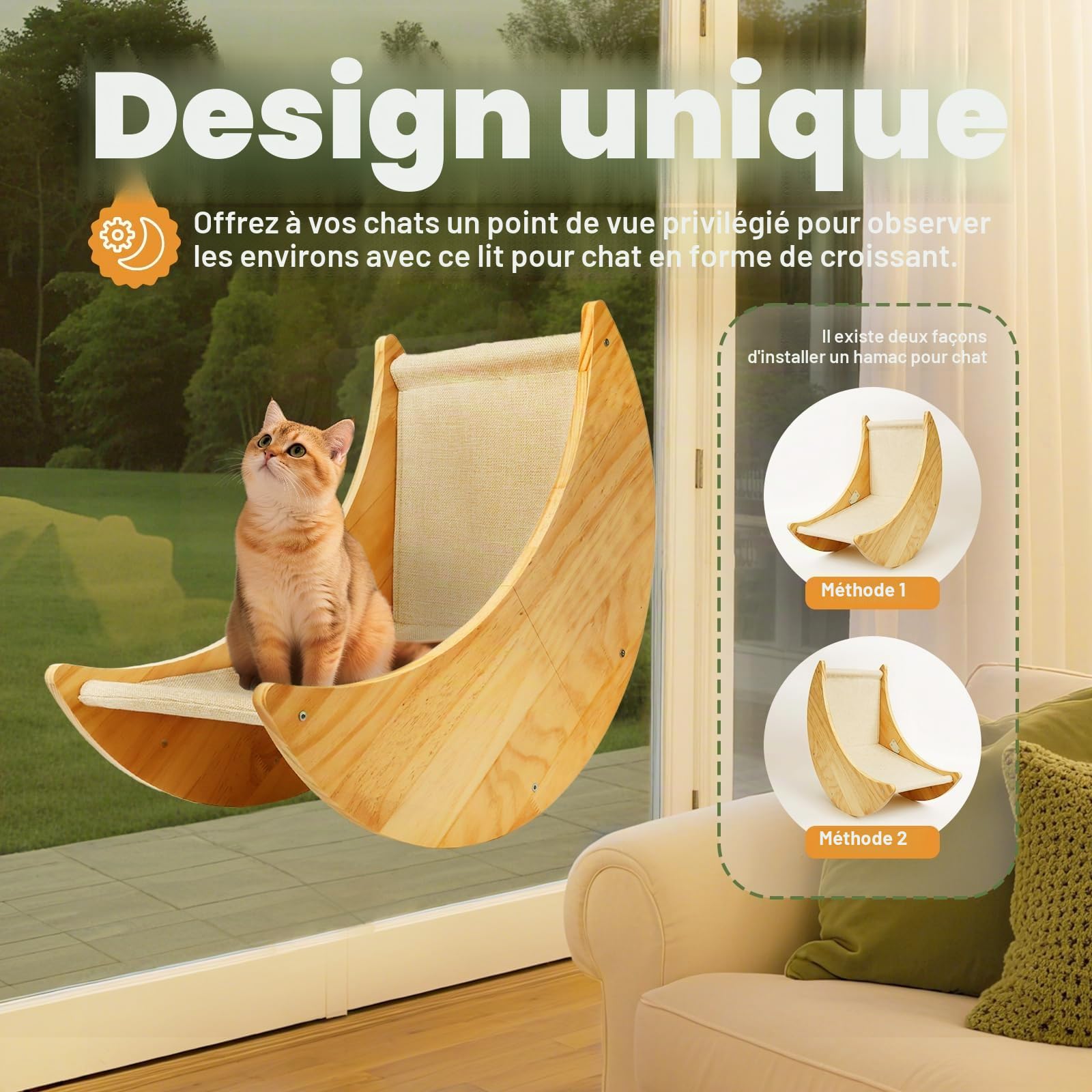 Perchoir de fenêtre en bois pour chat, grand lit de fenêtre pour chat avec 4 ventouses améliorées, hamac de fenêtre en bois massif avec design en forme de lune, siège de fenêtre pour
