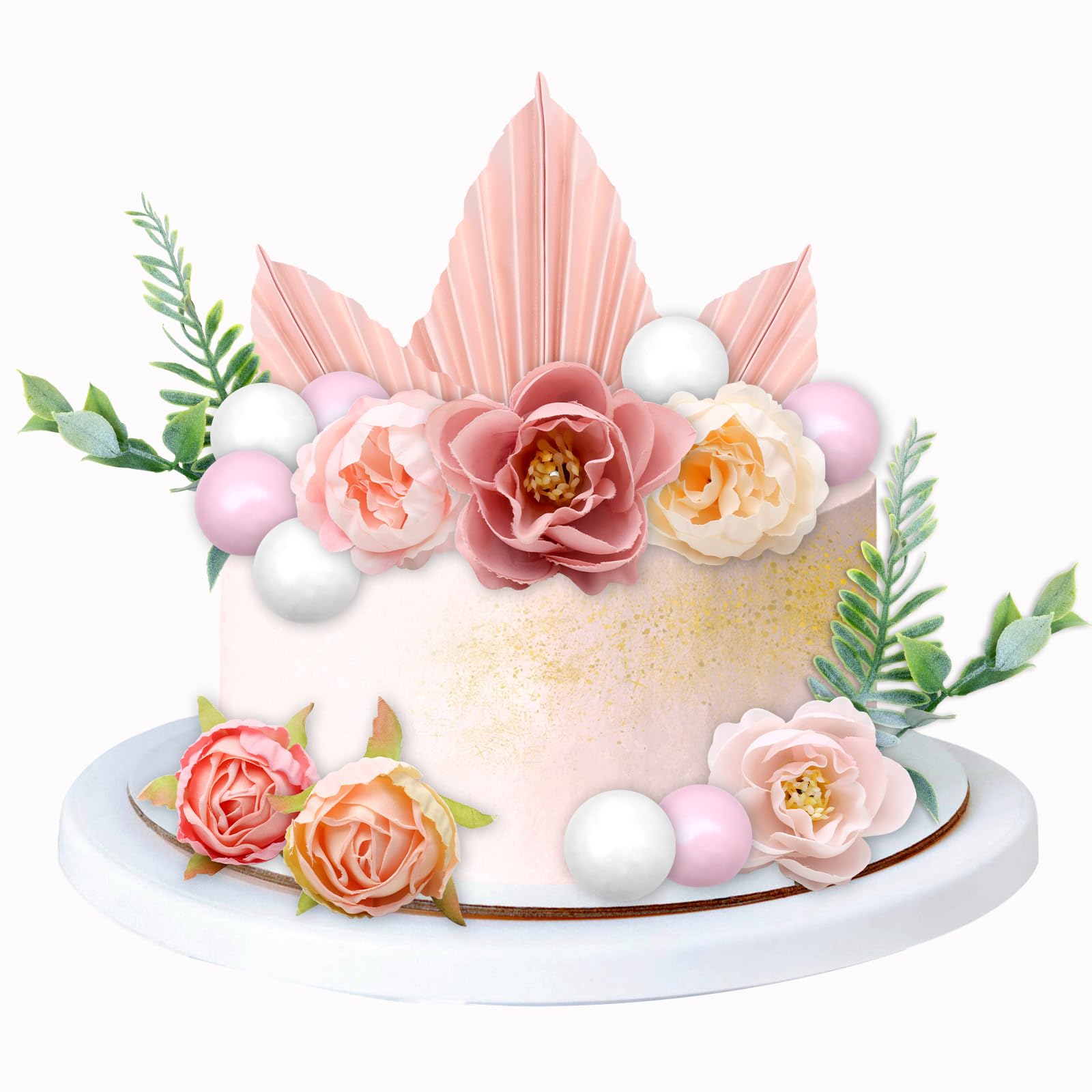 Set Decorazione Torta Bohemien – Fiori In Carta, Schiuma E Plastica Con Lettere Dorate E Patch Acriliche, Verde, Oro E Rosa, Ideale Per Compleanni E Matrimoni
