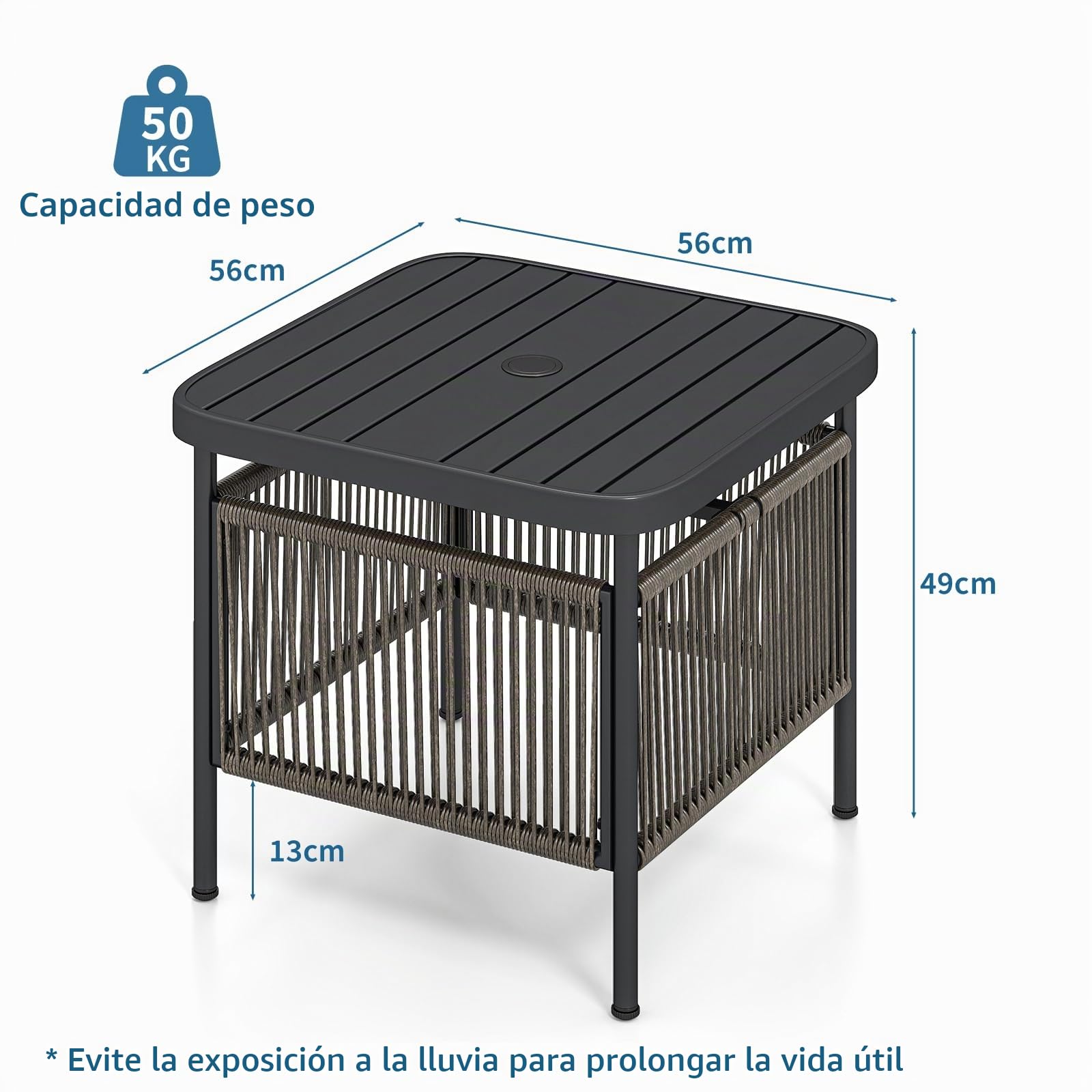 LIFEZEAL Mesa de Jardín, Mesa de Balcón Pequeña, Exterior, con Orificio para Sombrilla, 56 x 56 x 49 cm, de Ratán PE, Metal, con Tablero de Barras, Patas Ajustables, máx. 50 kg, Moderna, Ahorra