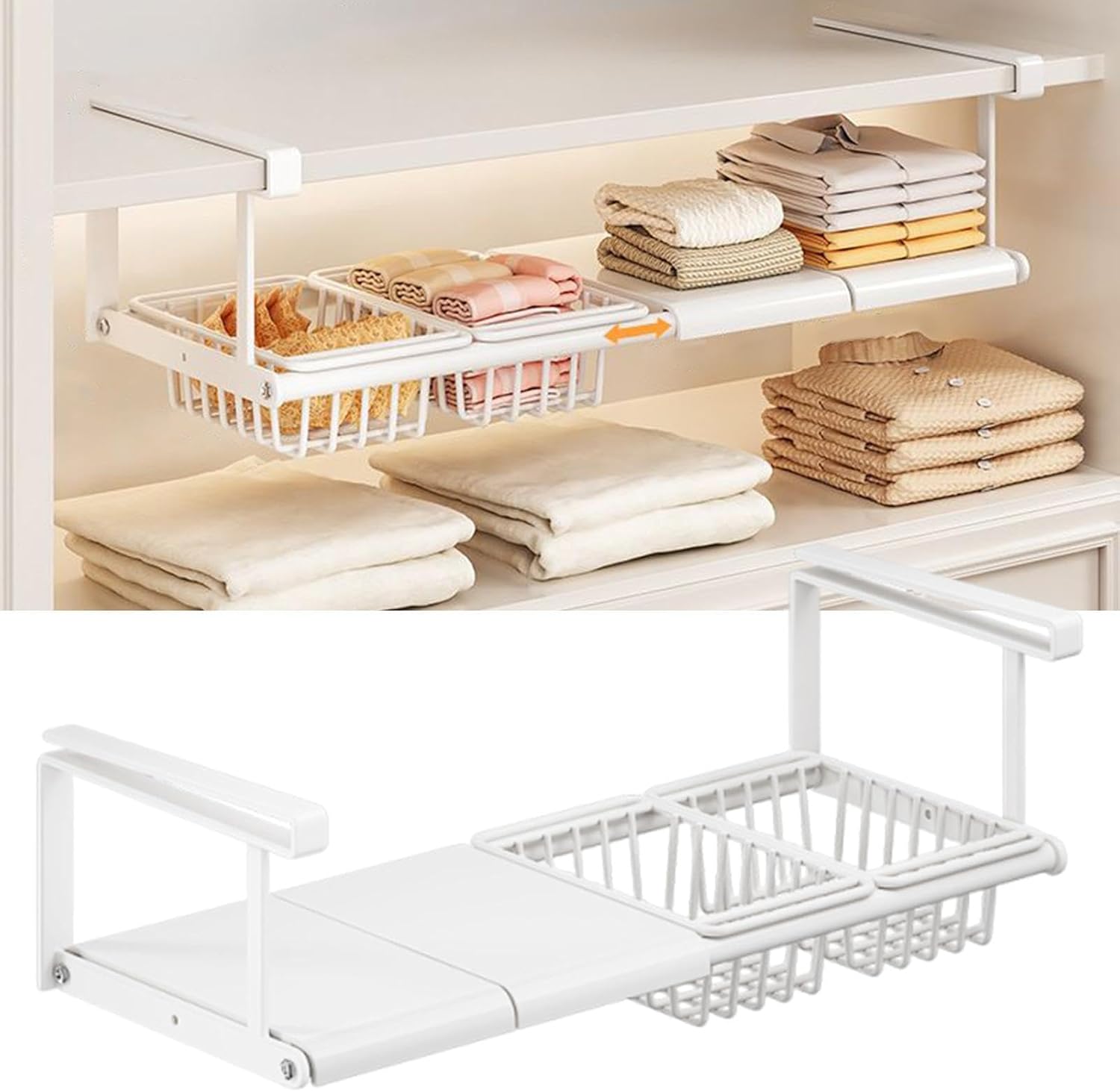 Under Cabinet Shelf - Extendable No Drill Storage Rack, Hangable Organizer, Space Saving Kitchen Holder | Fashionable Design Multi Purpose Solution for Home, Kitchen, Bathroom, Pantry, Closet Use