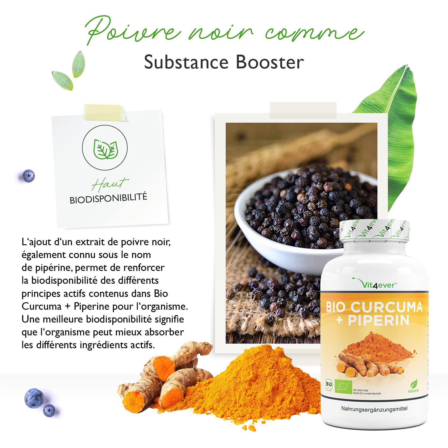 Curcuma bio - 365 gélules - avec curcumine de curcuma et pipérine de poivre noir bio - Haute dose - Vegan