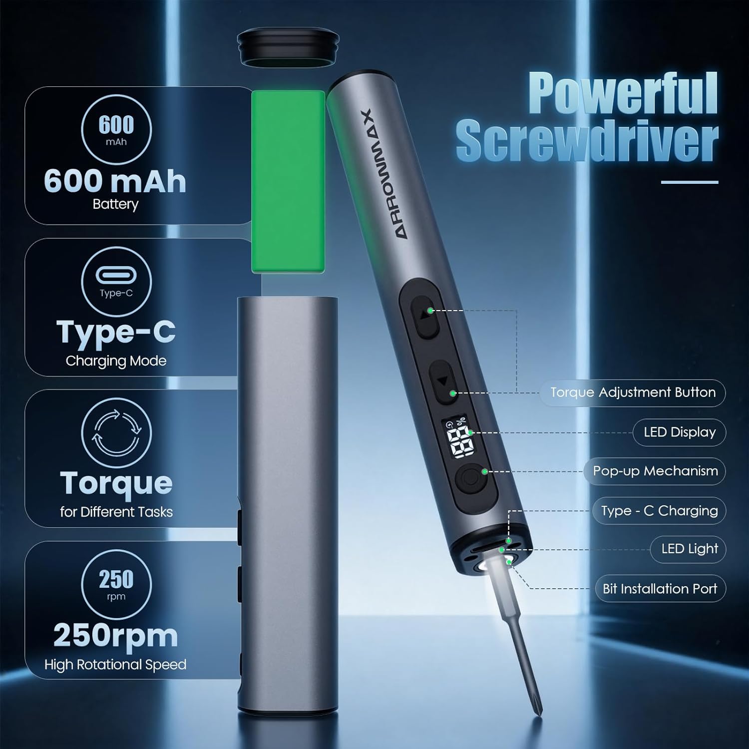 AM ARROWMAX Mini Electric Screwdriver & Drilling Adapter, 600RPM Precision Screwdriver | Mini Electric Drill 2 in 1 Tool Set, 70 Bit, 5 Torque Settings, Power Screwdriver for Phones Watch Laptops