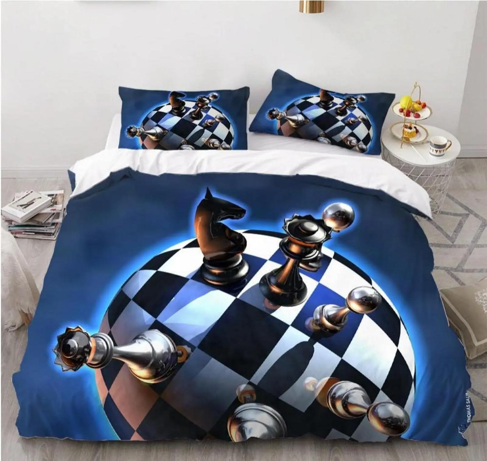 LMMSMGS Double Duvet Set Chess Double Bed Duvet Cover Set for Kids Aldult with Zipper Closure Hypoallergenic Microfiber Quilt Cover 78.7"x 78.7" + 2 Pillowcases 19.7"x 29.5"