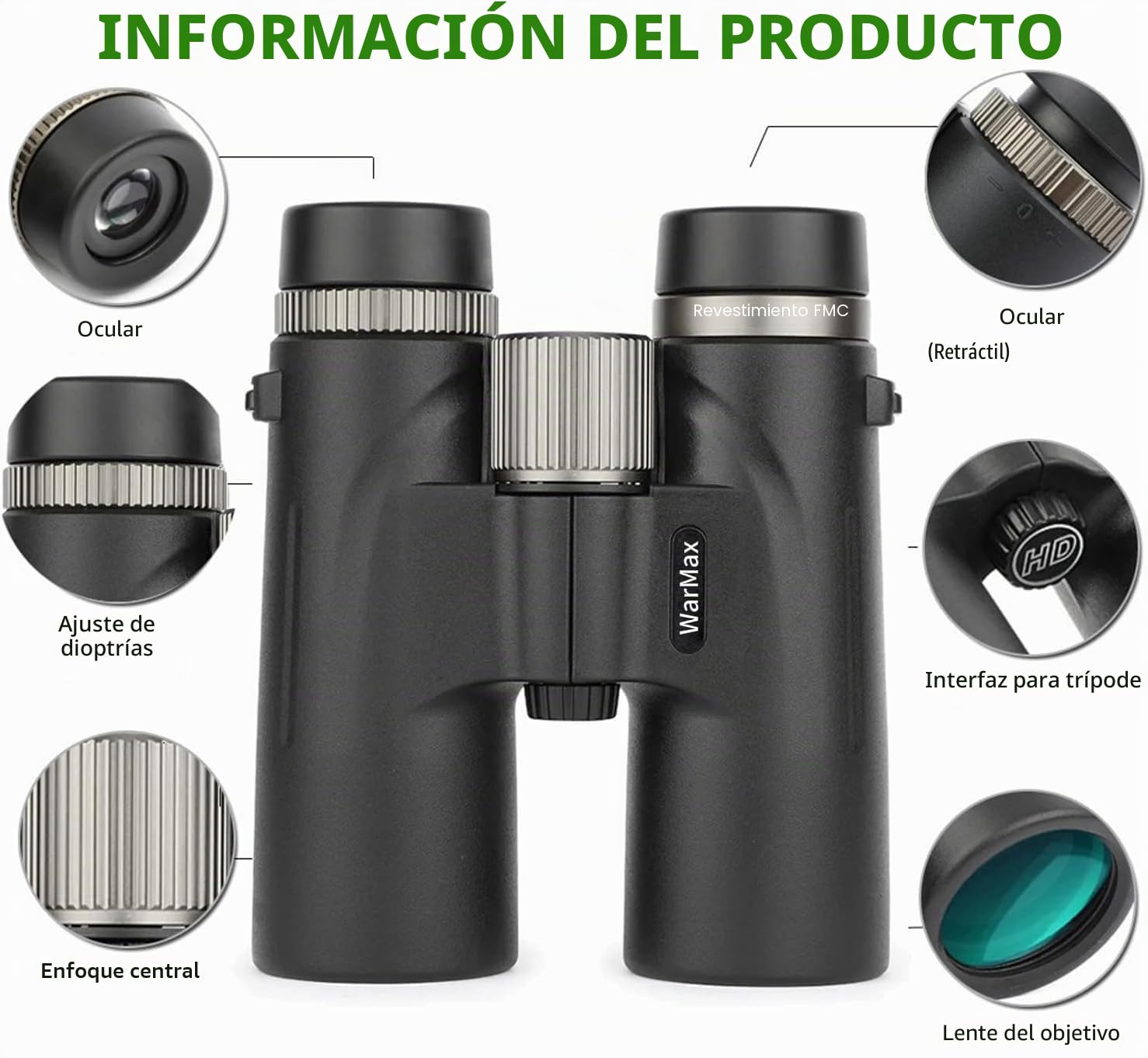 Prismáticos WarMax, HD12x42 para adultos de alta magnificación, ideales para observación de aves, viajes, observación de estrellas, caza, vista más amplia, conciertos, enfoque inteligente (Verde